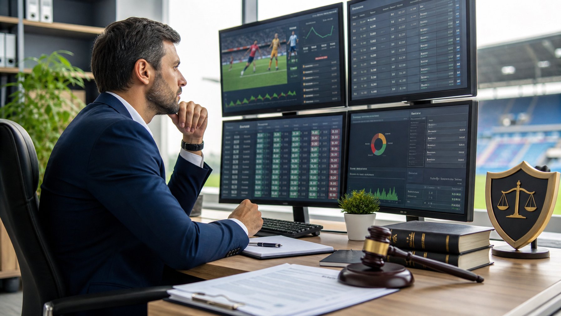 Seorang pria mengenakan pakaian bisnis duduk di meja kantor modern, melihat layar komputer dengan grafik dan data taruhan olahraga, dikelilingi oleh simbol hukum dan kepercayaan.