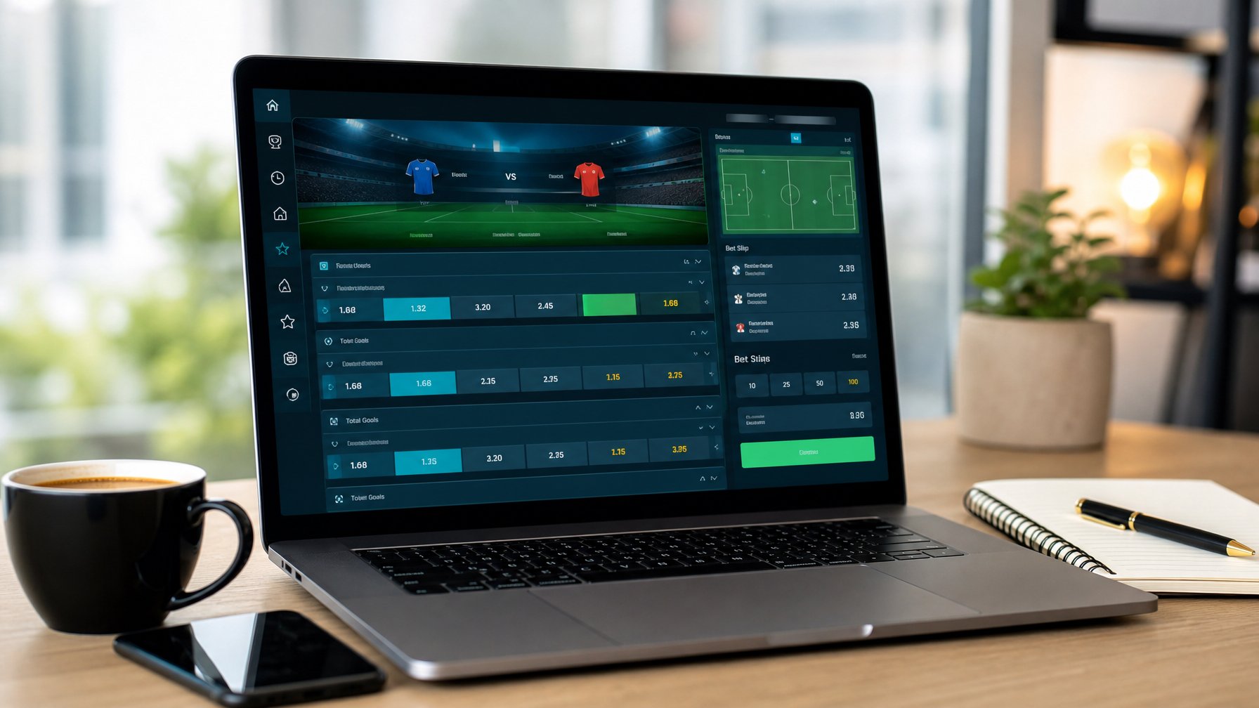 Seorang pria menggunakan laptop di meja kerja dengan antarmuka taruhan olahraga online yang terlihat jelas di layar.