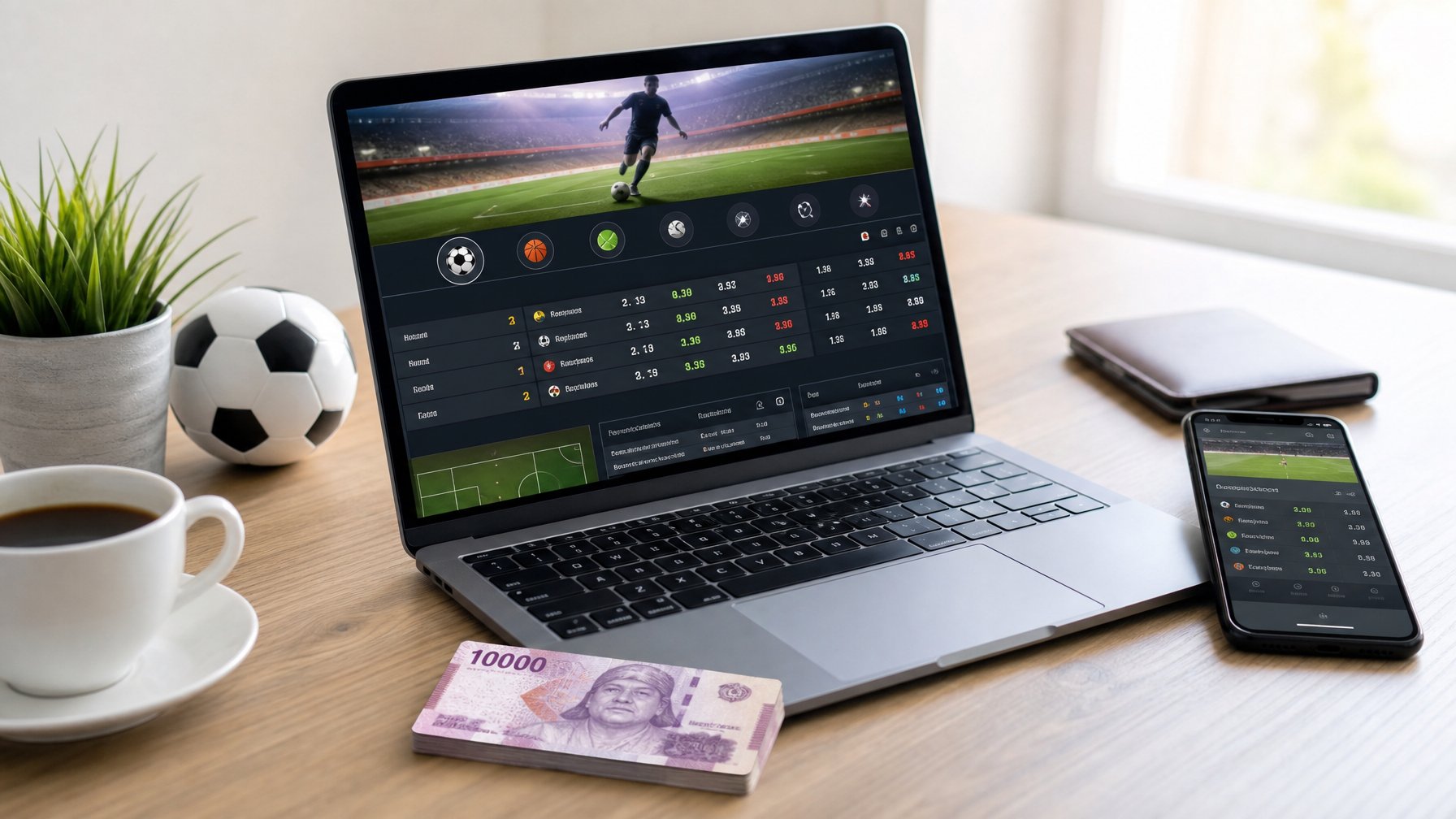 Meja kerja dengan laptop yang menampilkan antarmuka taruhan olahraga digital, uang rupiah bertumpuk kecil di sampingnya, dan ponsel dengan aplikasi taruhan terbuka.