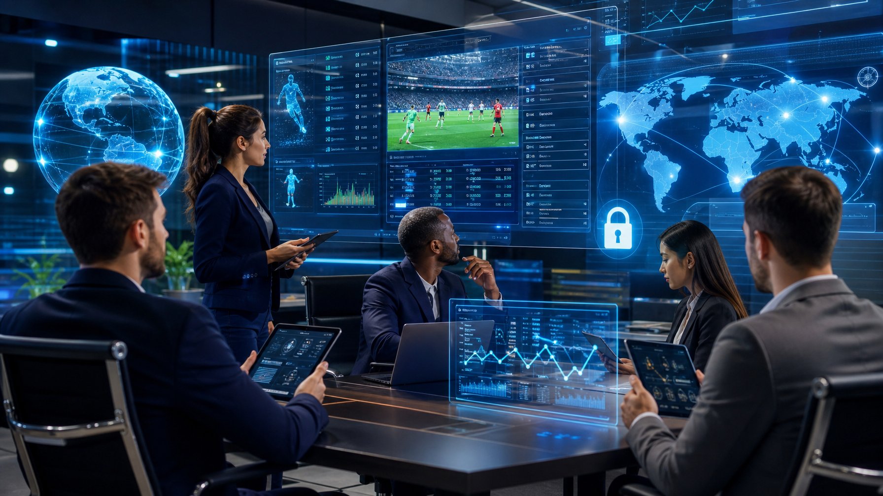Beberapa orang sedang menggunakan perangkat digital di ruang kantor modern dengan layar besar yang menampilkan data taruhan olahraga.