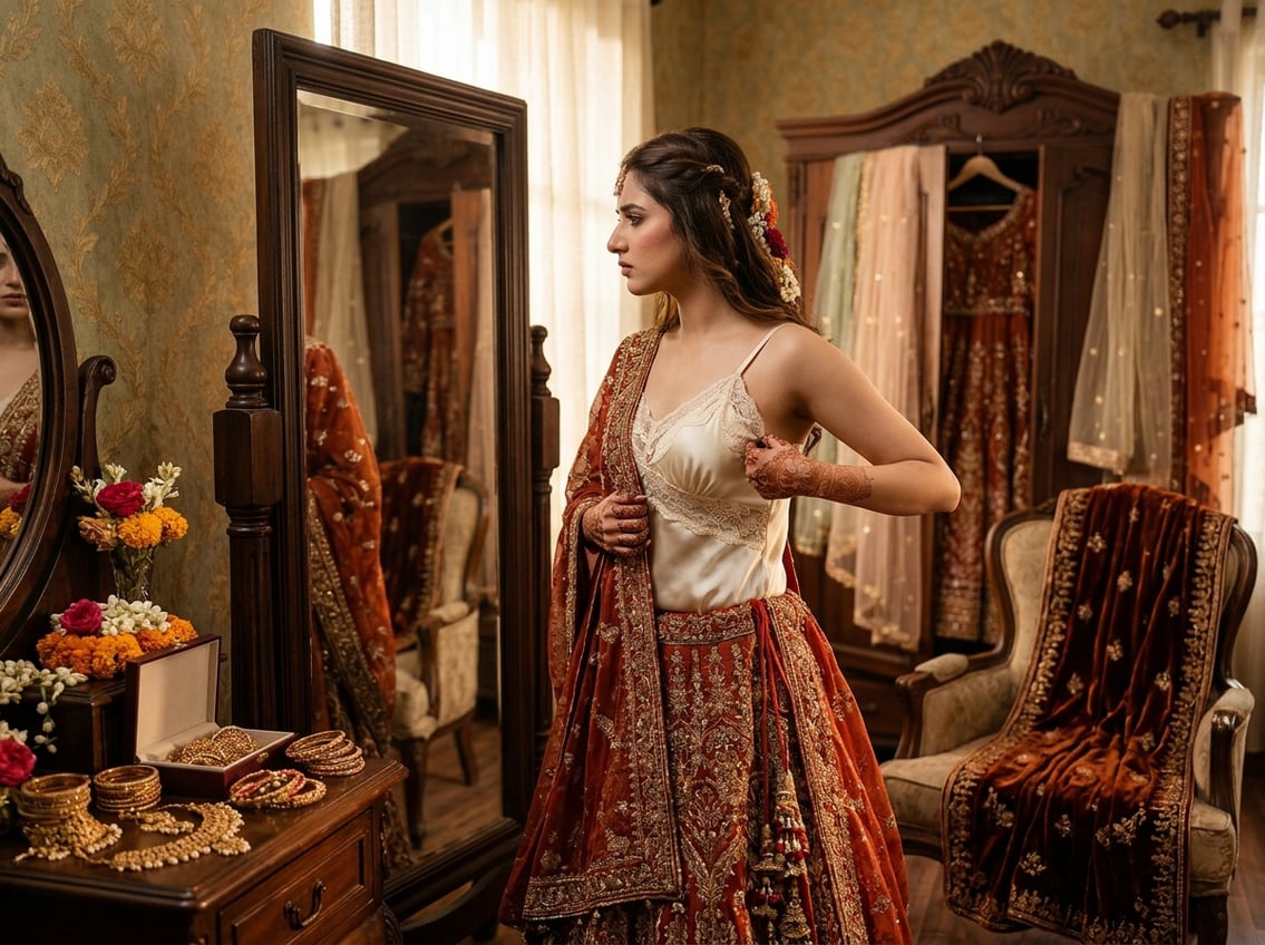 A Pakistani bride in a dressing room adjusts her bridal lingerie strap while standing in front of a mirror, surrounded by traditional wedding outfits and decorations.