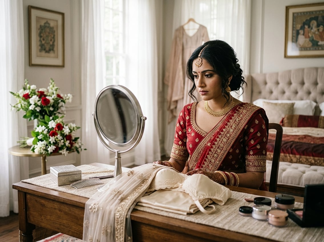 A South Asian bride in traditional wedding attire sitting at a vanity table, looking thoughtfully at bridal lingerie in a softly lit bedroom.