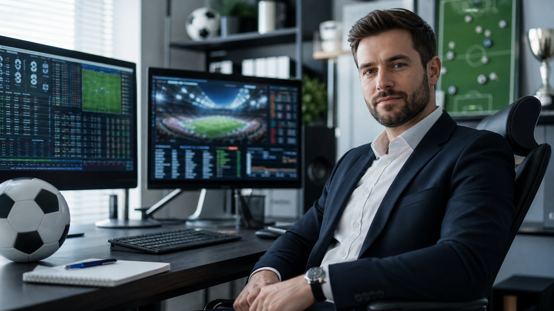 Seorang pria profesional duduk di kantor modern dengan beberapa monitor komputer yang menampilkan data taruhan olahraga.