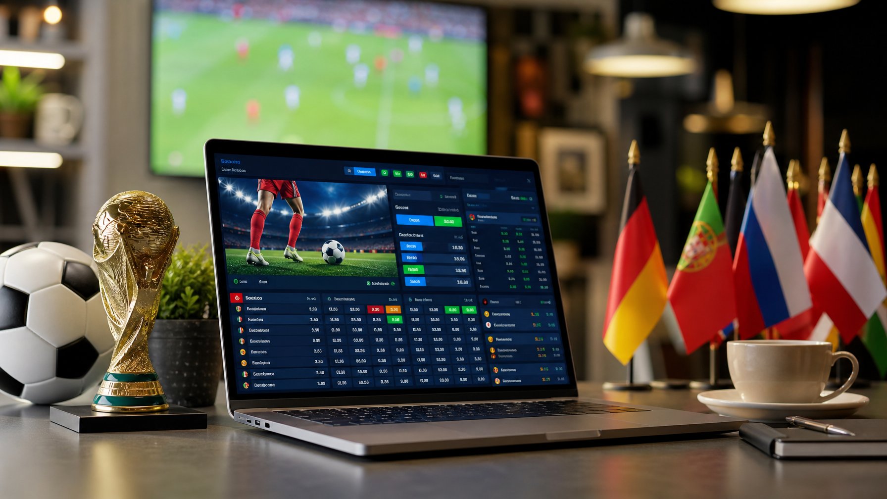 Meja kerja dengan laptop yang menampilkan antarmuka taruhan sepak bola, bola sepak, dan miniatur trofi Piala Dunia.