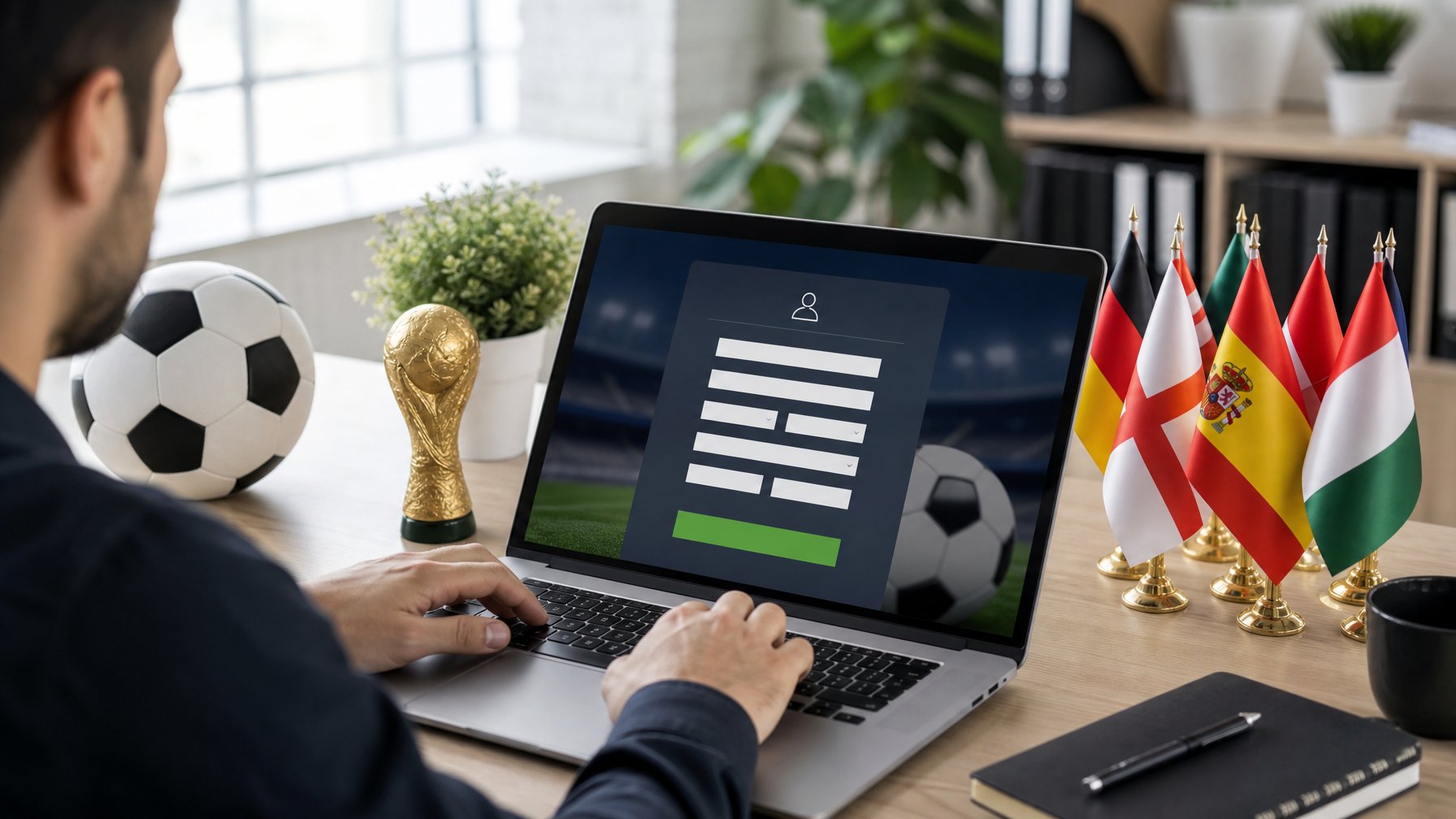 Seorang pengguna sedang mengisi formulir pendaftaran di laptop dengan simbol sepak bola dan trofi di meja, di ruang kerja yang terang dan rapi.