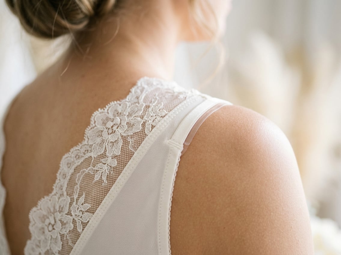 Close-up of elegant bridal lingerie fabric showing smooth seams, breathable material, and grip straps.