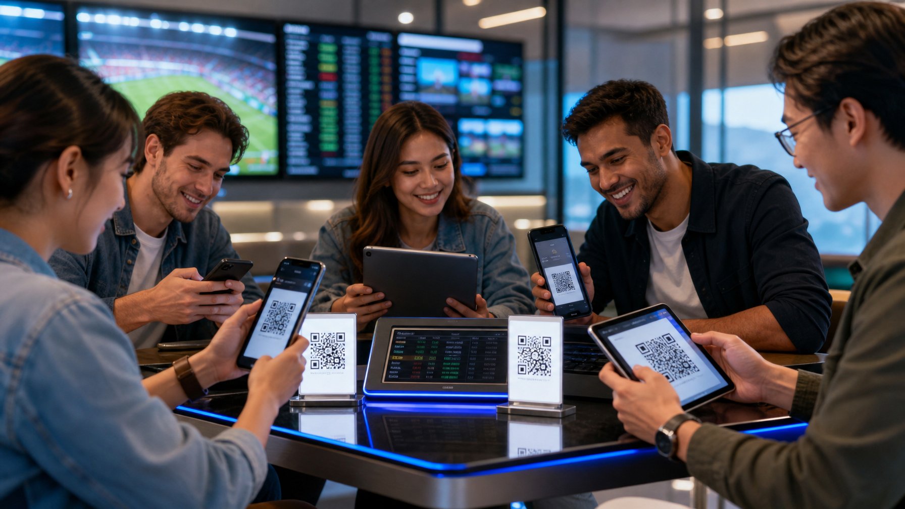 Sekelompok orang muda menggunakan ponsel dan tablet untuk melakukan pembayaran digital dengan kode QR dan dompet elektronik di lingkungan yang modern dan terang.