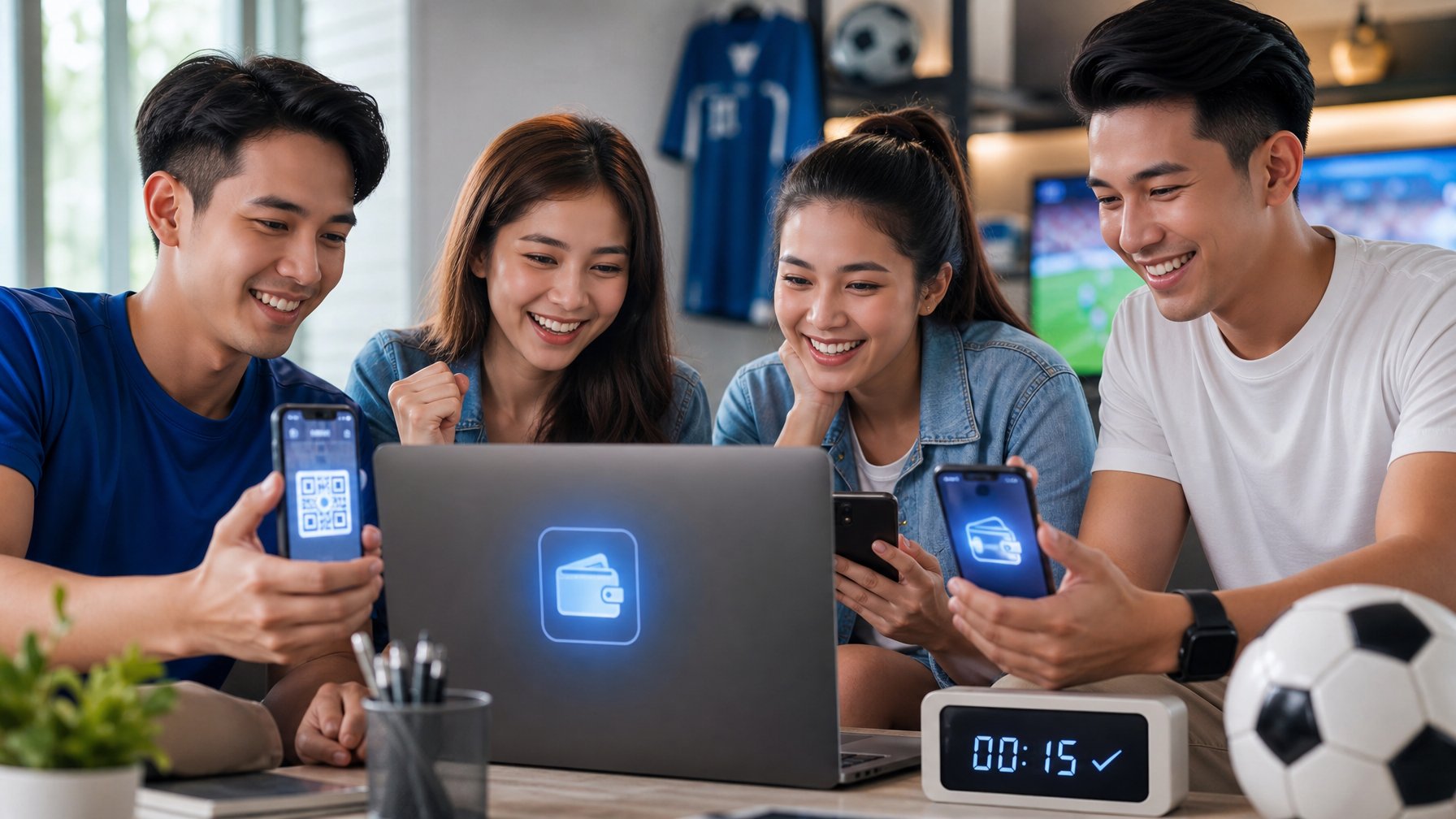 Beberapa orang muda menggunakan laptop dan ponsel untuk melakukan transaksi pembayaran digital dengan QR code dan e-wallet di ruangan modern.