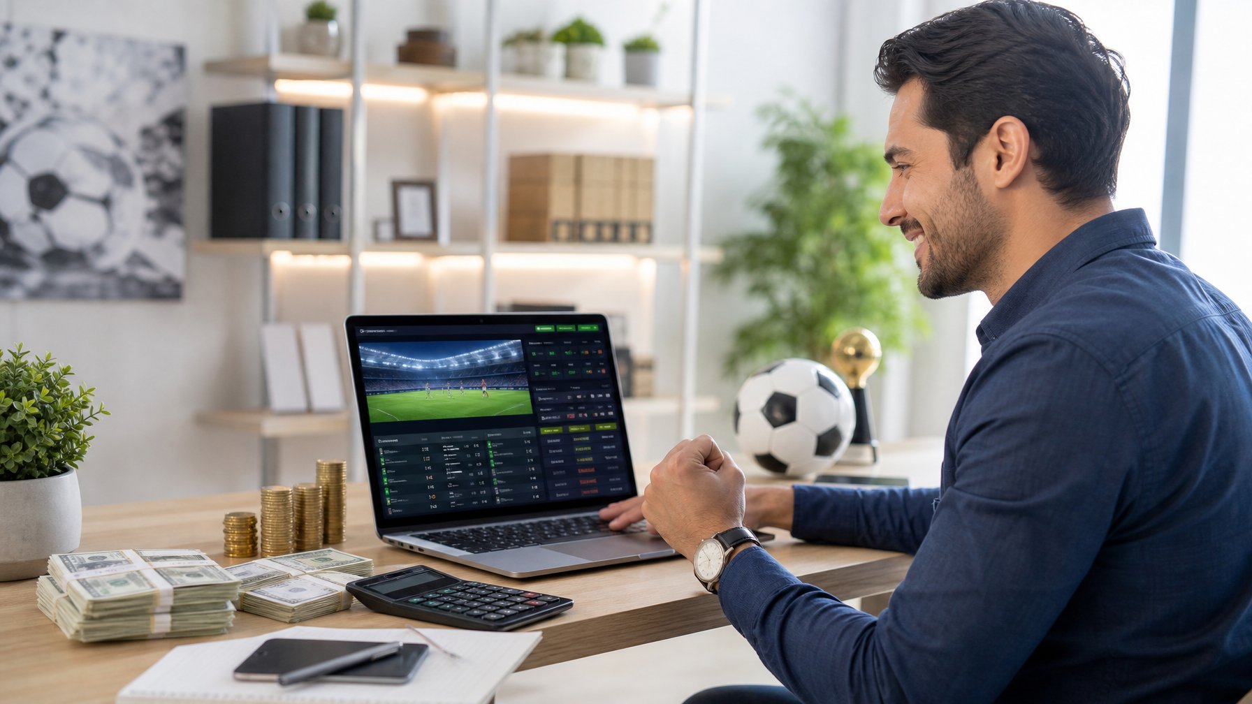 Seseorang menggunakan laptop di meja kerja dengan tampilan situs taruhan bola dan simbol uang di sekitarnya.