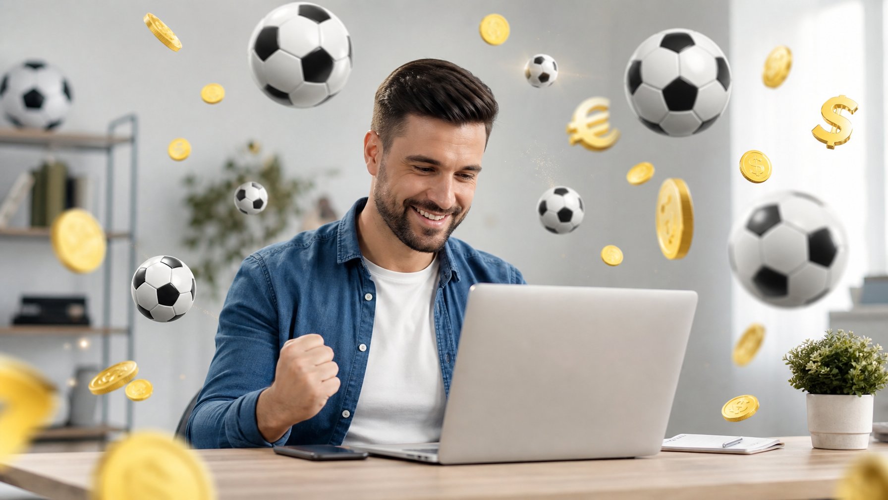 Seorang pria tersenyum duduk di depan laptop dengan ikon bola dan koin mengelilinginya.