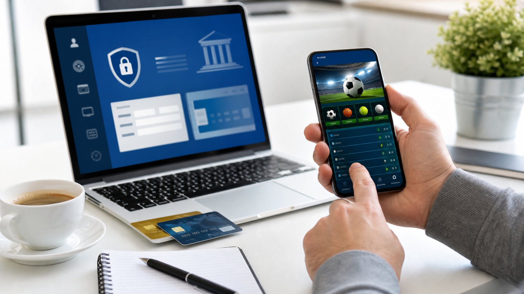 Seseorang menggunakan laptop dan ponsel di meja kerja untuk mendaftar akun bandar bola online dengan rekening bank lokal.