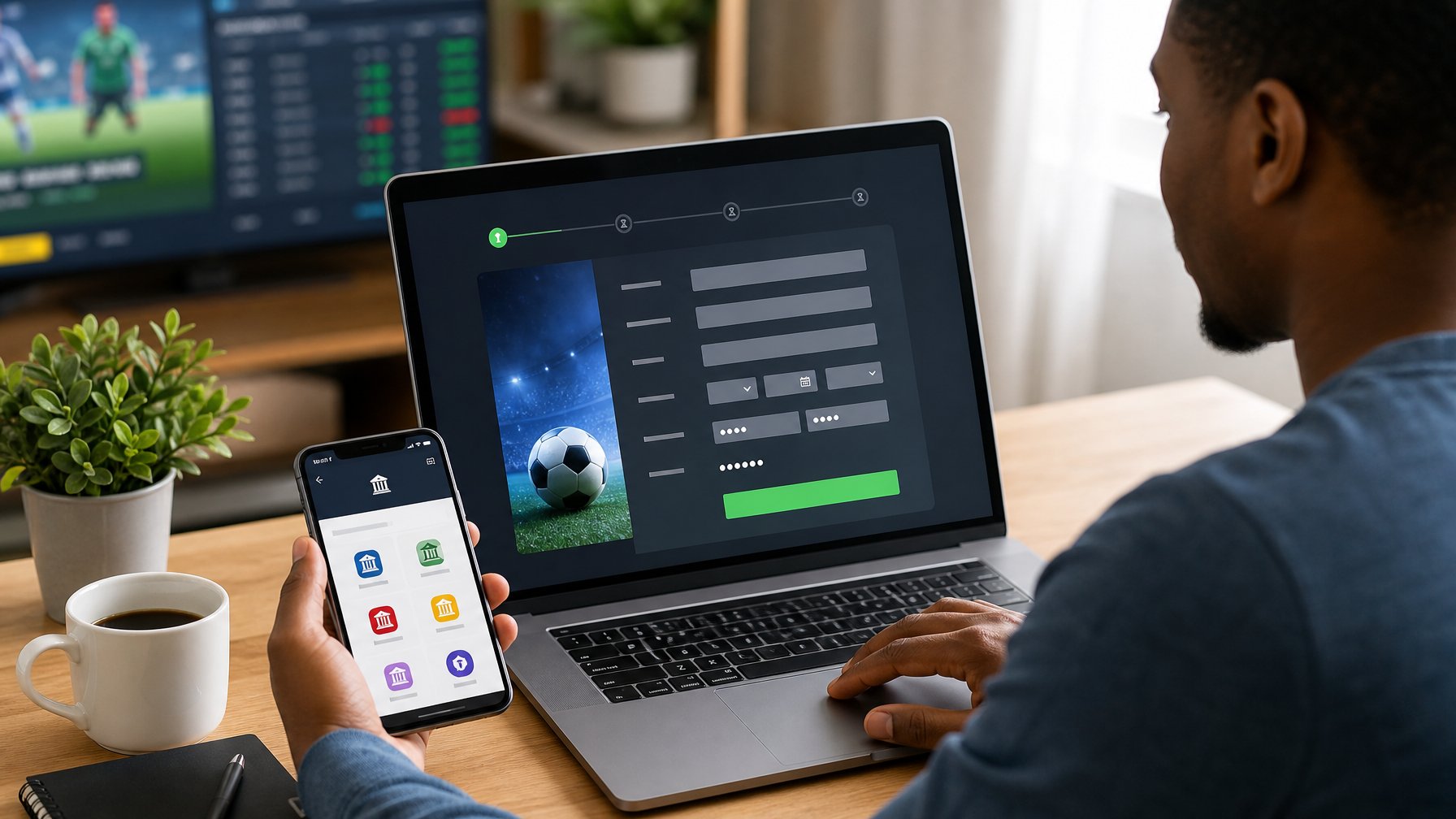 Seseorang duduk di meja kerja menggunakan laptop dan ponsel untuk mendaftar akun di situs bandar bola online dengan menggunakan rekening bank lokal.