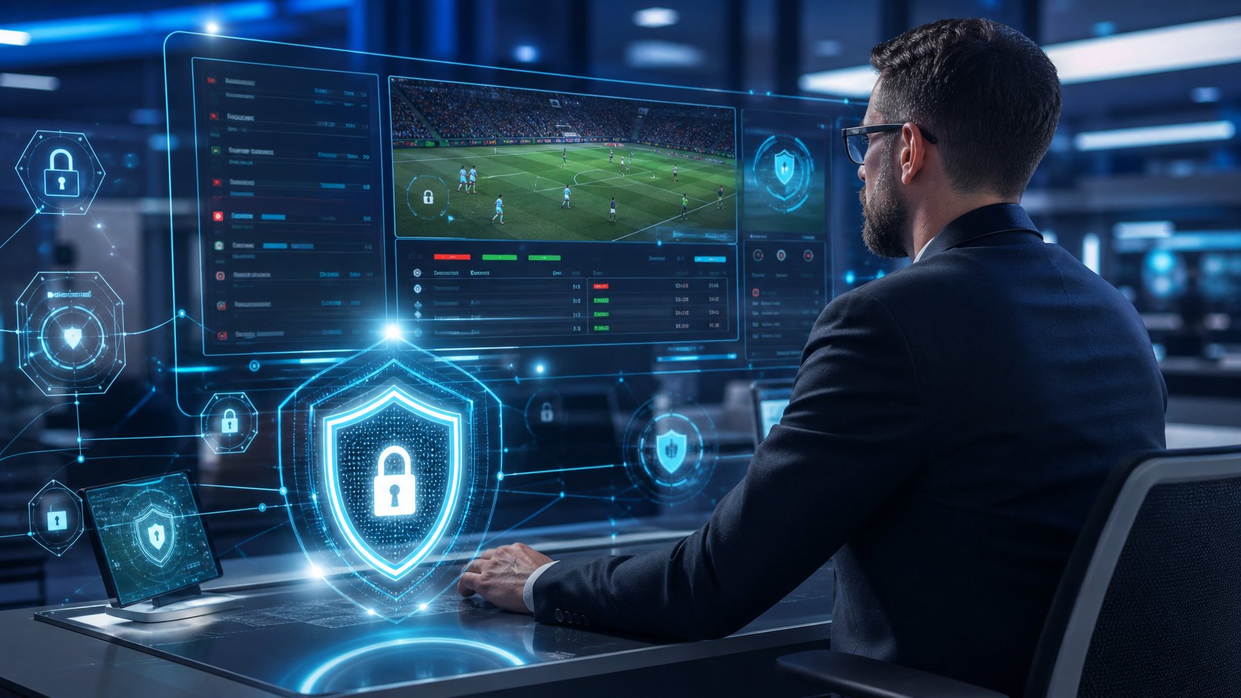 Seorang ahli keamanan siber memantau sistem data pribadi di kantor futuristik dengan layar digital yang menampilkan statistik pertandingan sepak bola dan opsi taruhan.