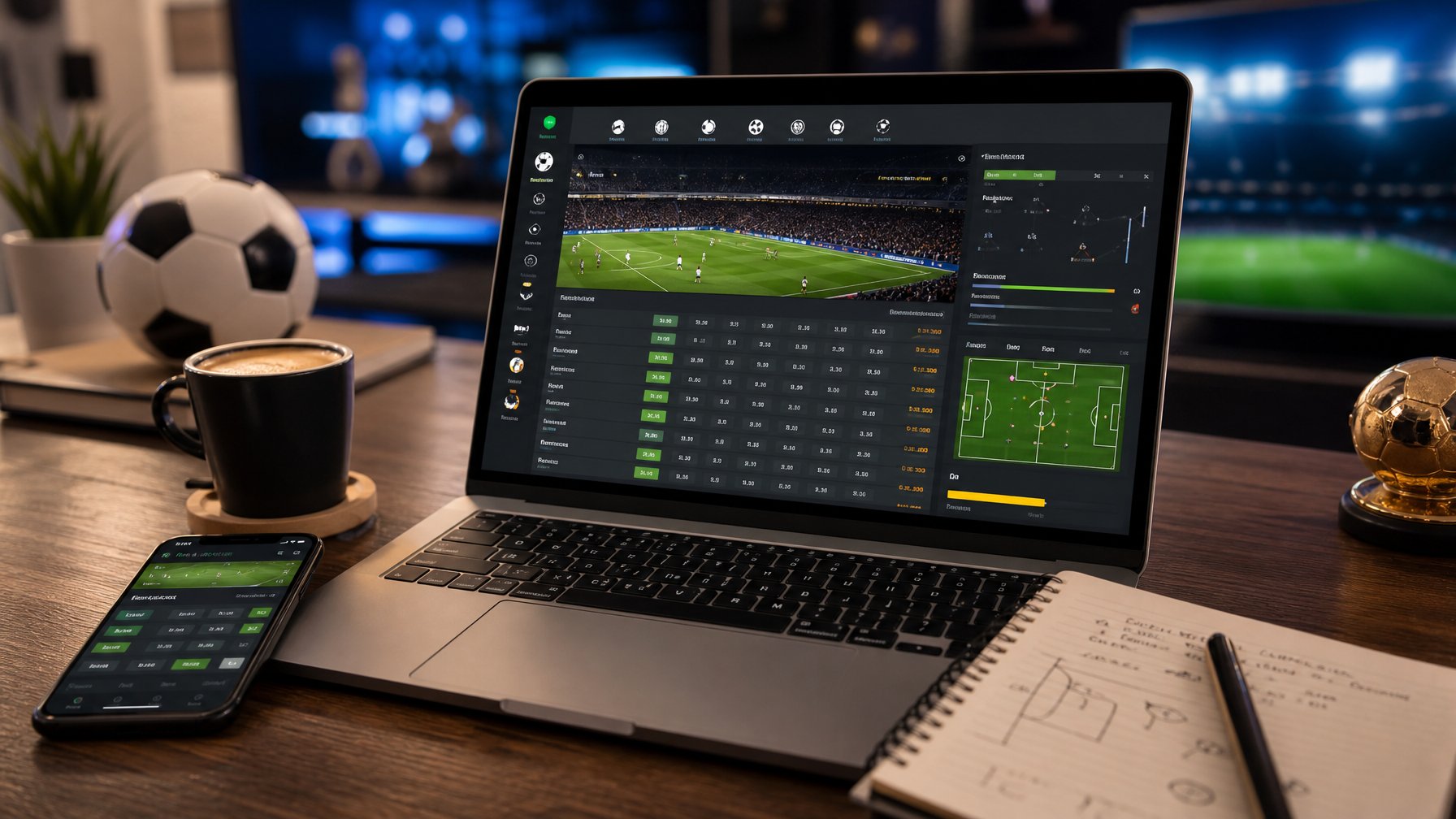 Seorang pria menggunakan laptop dengan tampilan situs taruhan bola online, di meja terdapat ponsel, kopi, dan catatan, dengan latar belakang bola sepak dan lampu stadion.