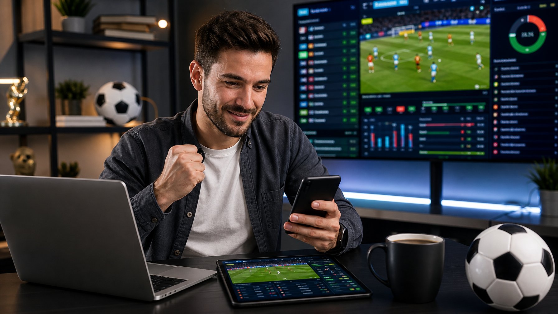 Seorang dewasa muda duduk di meja dengan beberapa perangkat digital yang menampilkan pertandingan sepak bola dan antarmuka taruhan, di ruangan yang terang dengan dekorasi bertema sepak bola.