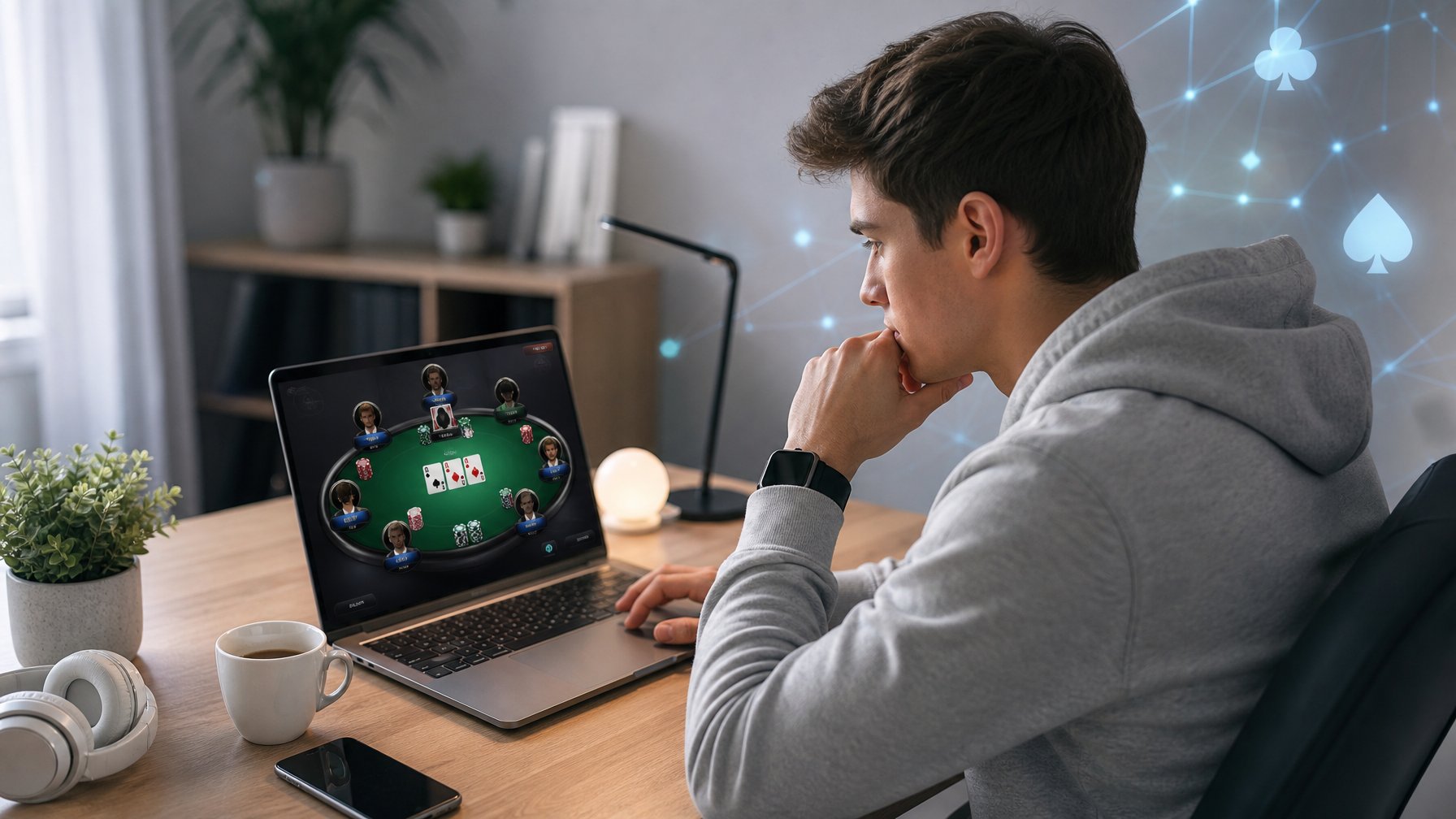 Seorang pemula bermain poker online di depan laptop dengan suasana belajar yang fokus dan nyaman.