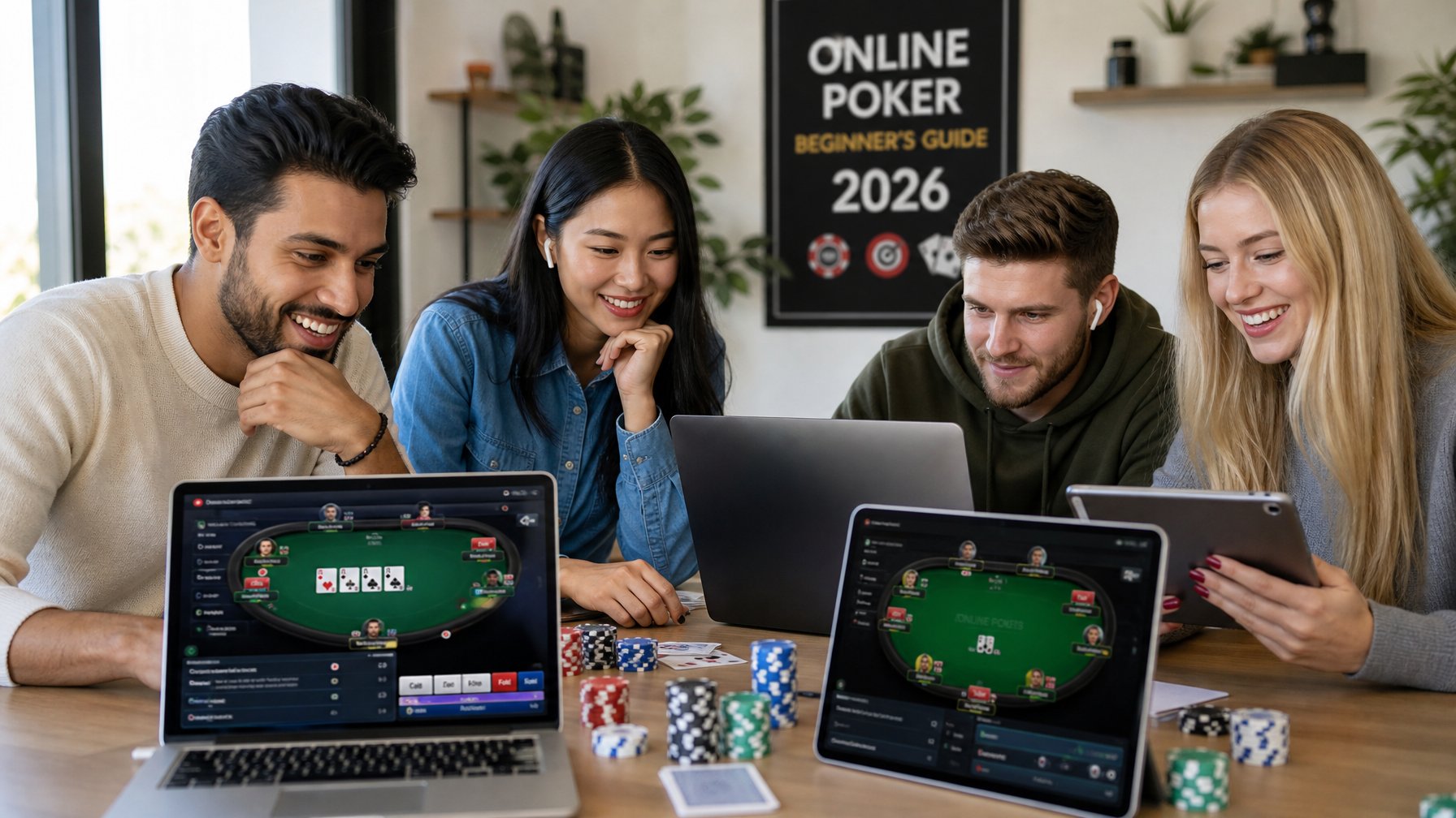 Beberapa orang muda sedang bermain poker online menggunakan laptop dan tablet di ruang yang nyaman dengan chip poker dan kartu di meja.