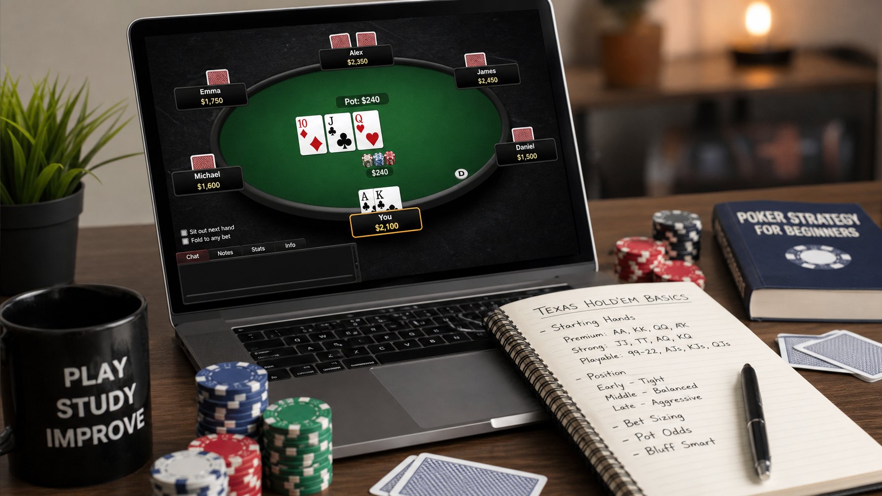 Seorang pemain poker online sedang belajar strategi dasar Texas Hold'em dengan laptop yang menampilkan meja poker digital dan perlengkapan permainan di meja.