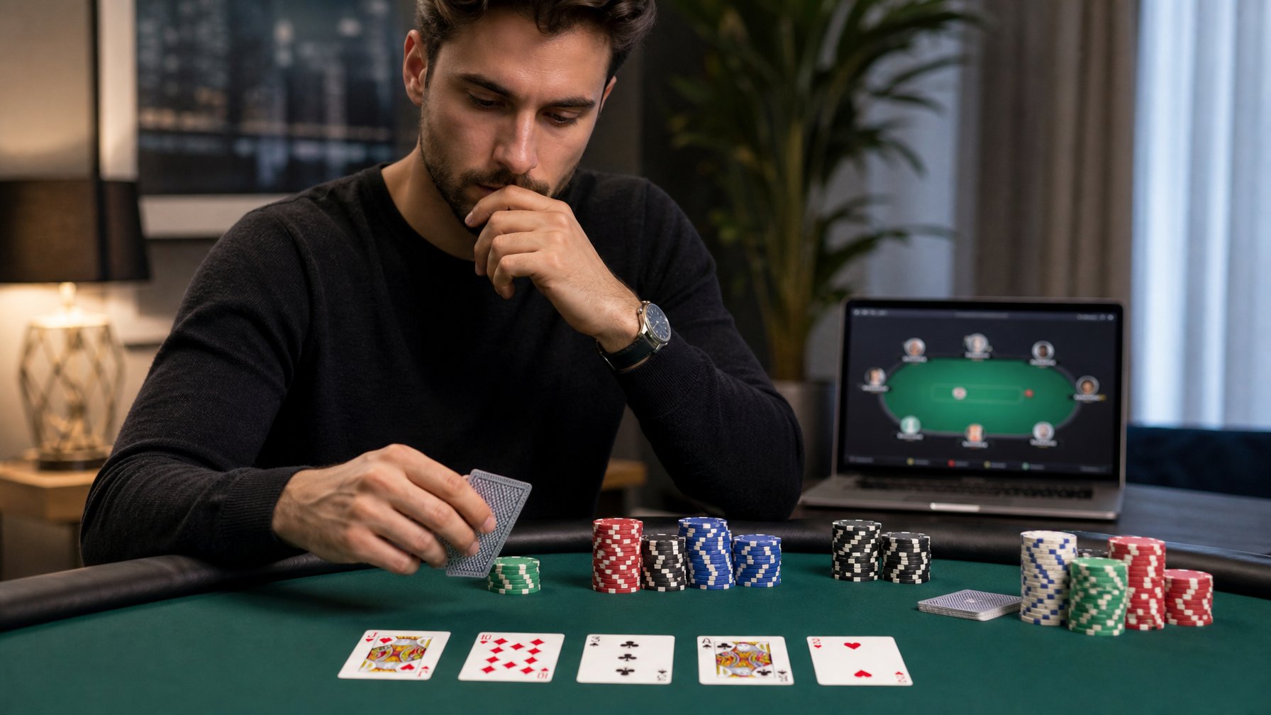 Meja poker dengan kartu dan chip, seorang pemain fokus memikirkan strategi permainan Texas Hold'em.