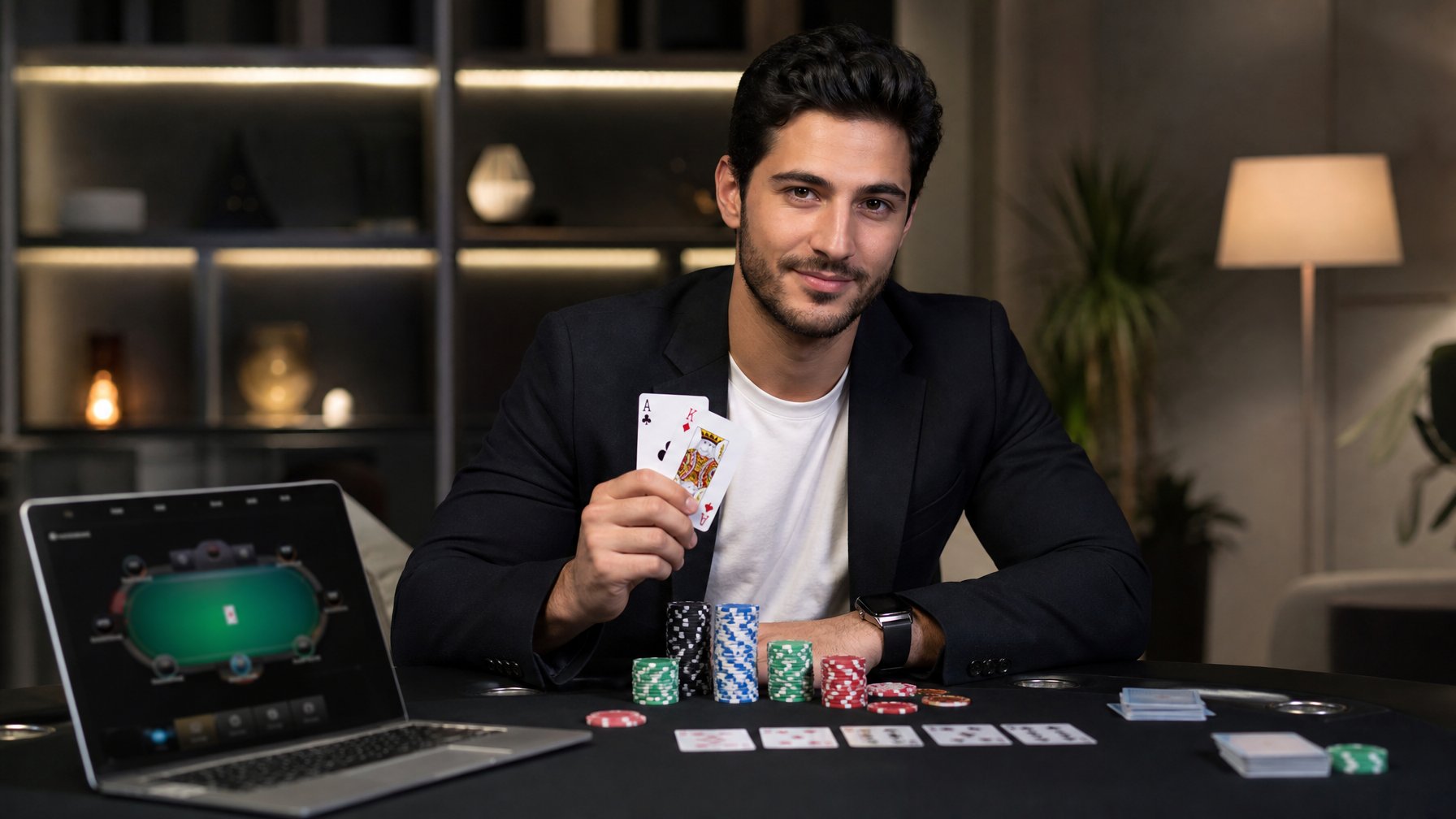Seorang pria muda duduk di meja poker dengan kartu dan chip poker, tampak percaya diri dan fokus bermain poker online.