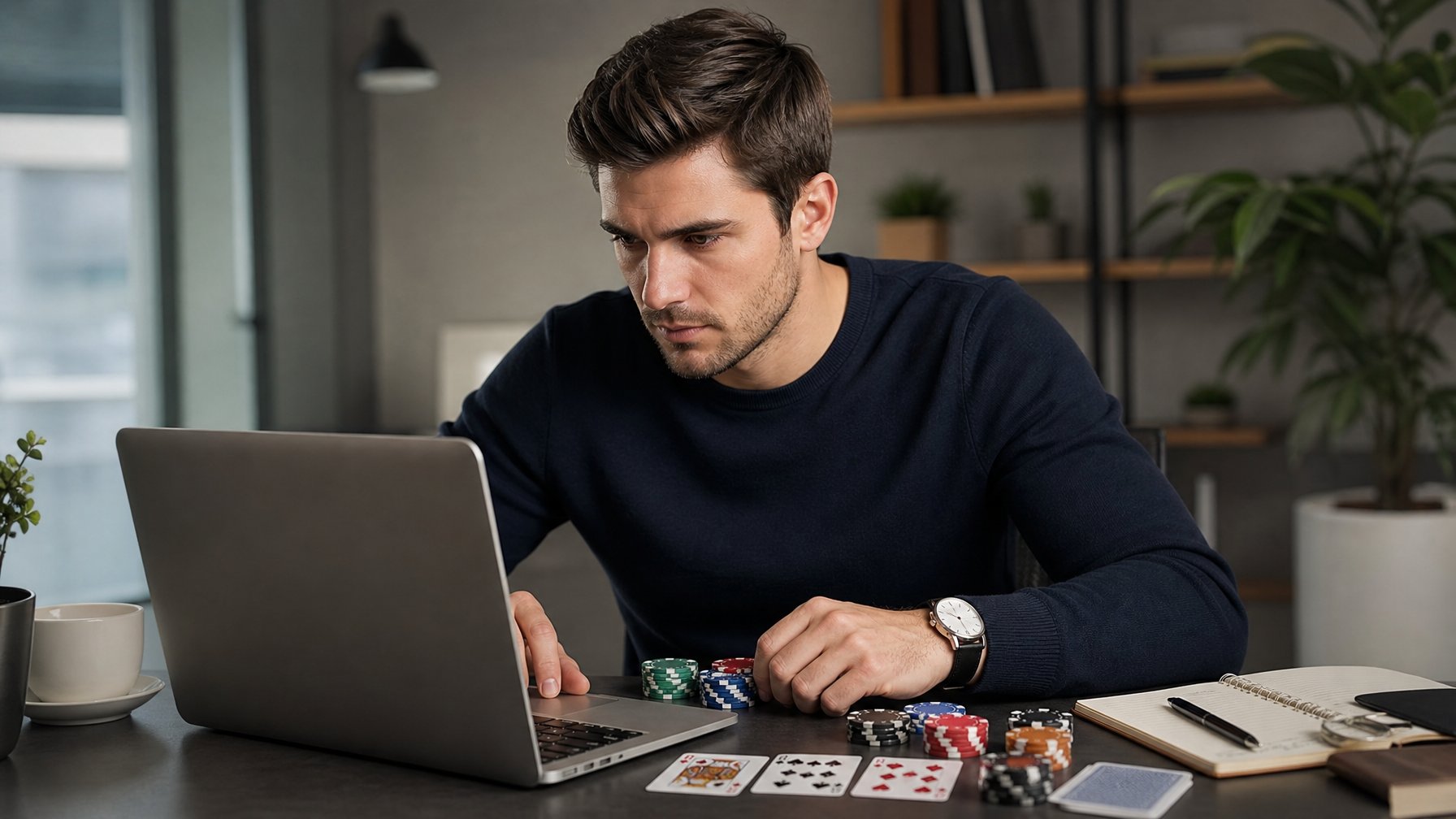 Seorang dewasa muda duduk di meja dengan laptop dan chip poker, fokus bermain poker online di ruang kerja rumah yang rapi.