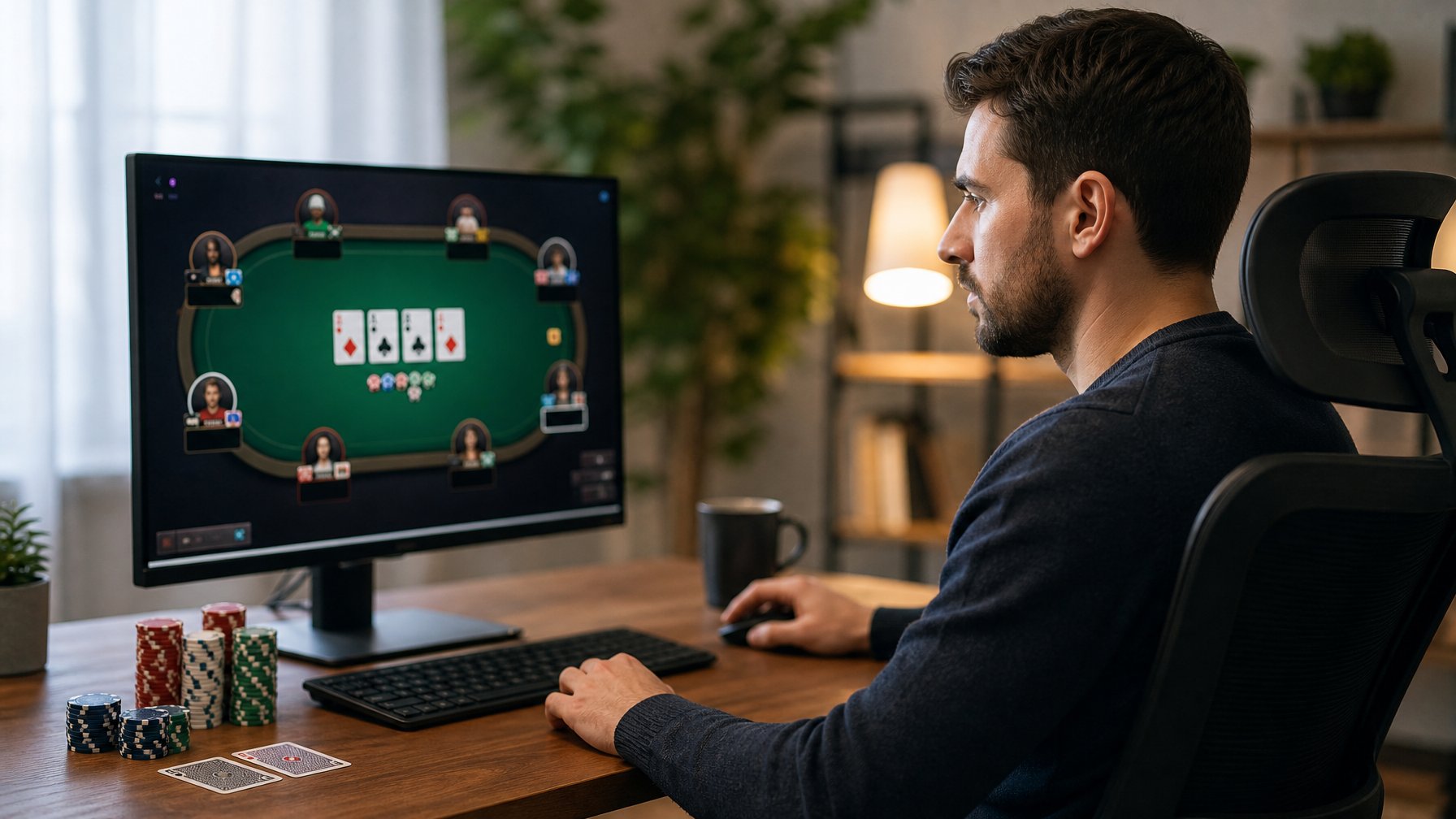 Seseorang duduk di depan komputer dengan meja poker online, terlihat fokus dan siap bermain.