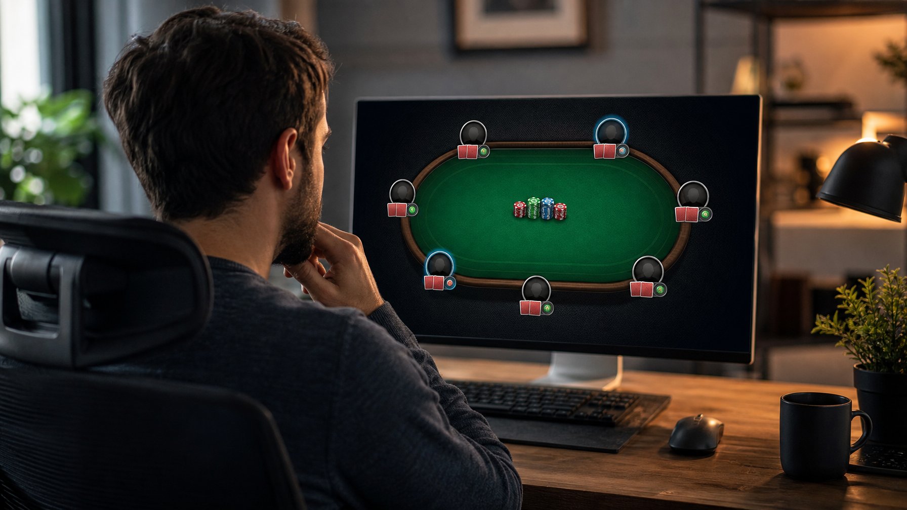 Seseorang duduk di depan komputer dengan layar menampilkan meja poker online dan posisi duduk pemain yang berbeda.