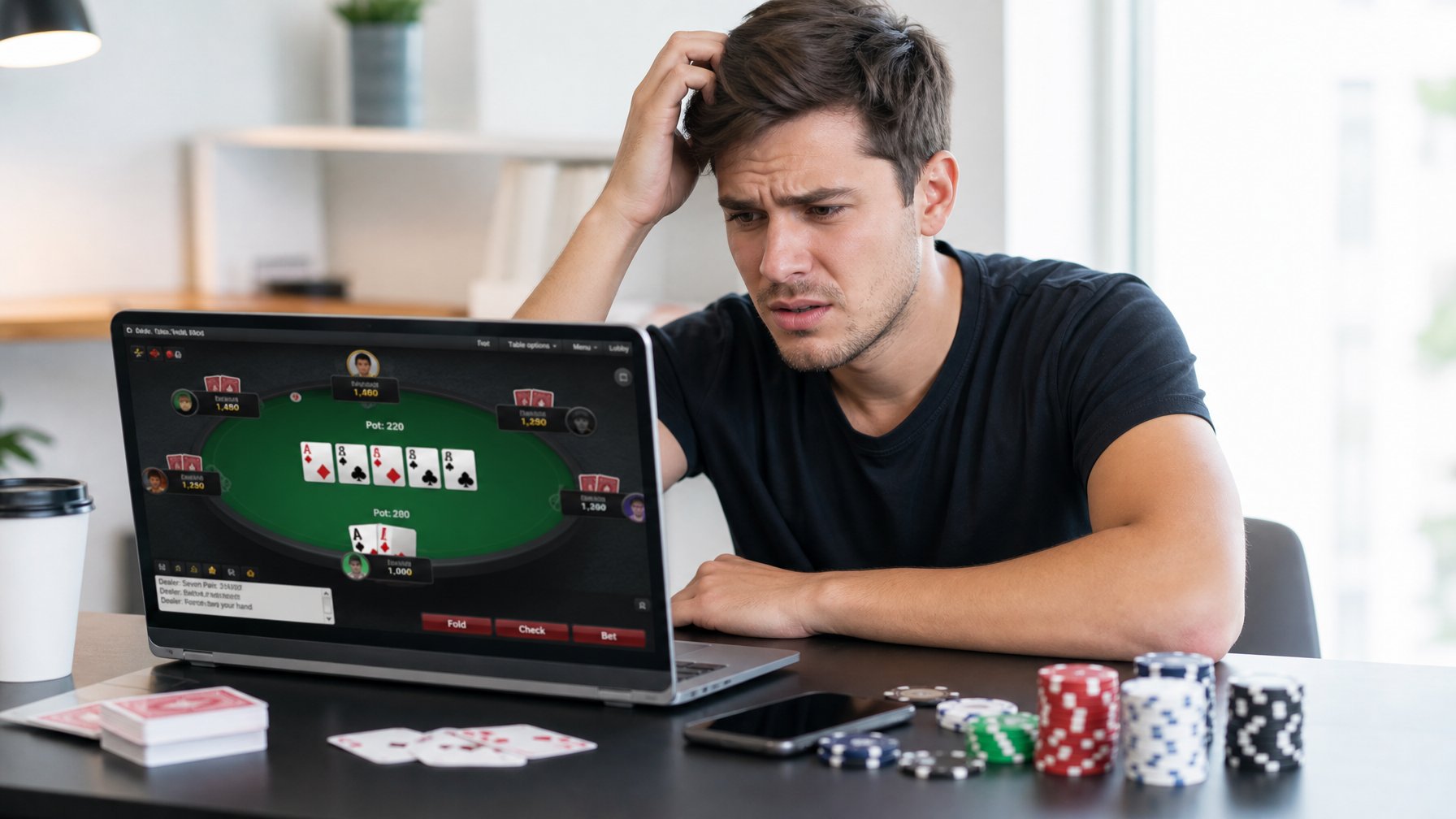 Seorang pemuda duduk di depan laptop dengan ekspresi bingung saat bermain poker online, di meja terdapat chip poker dan kartu remi.