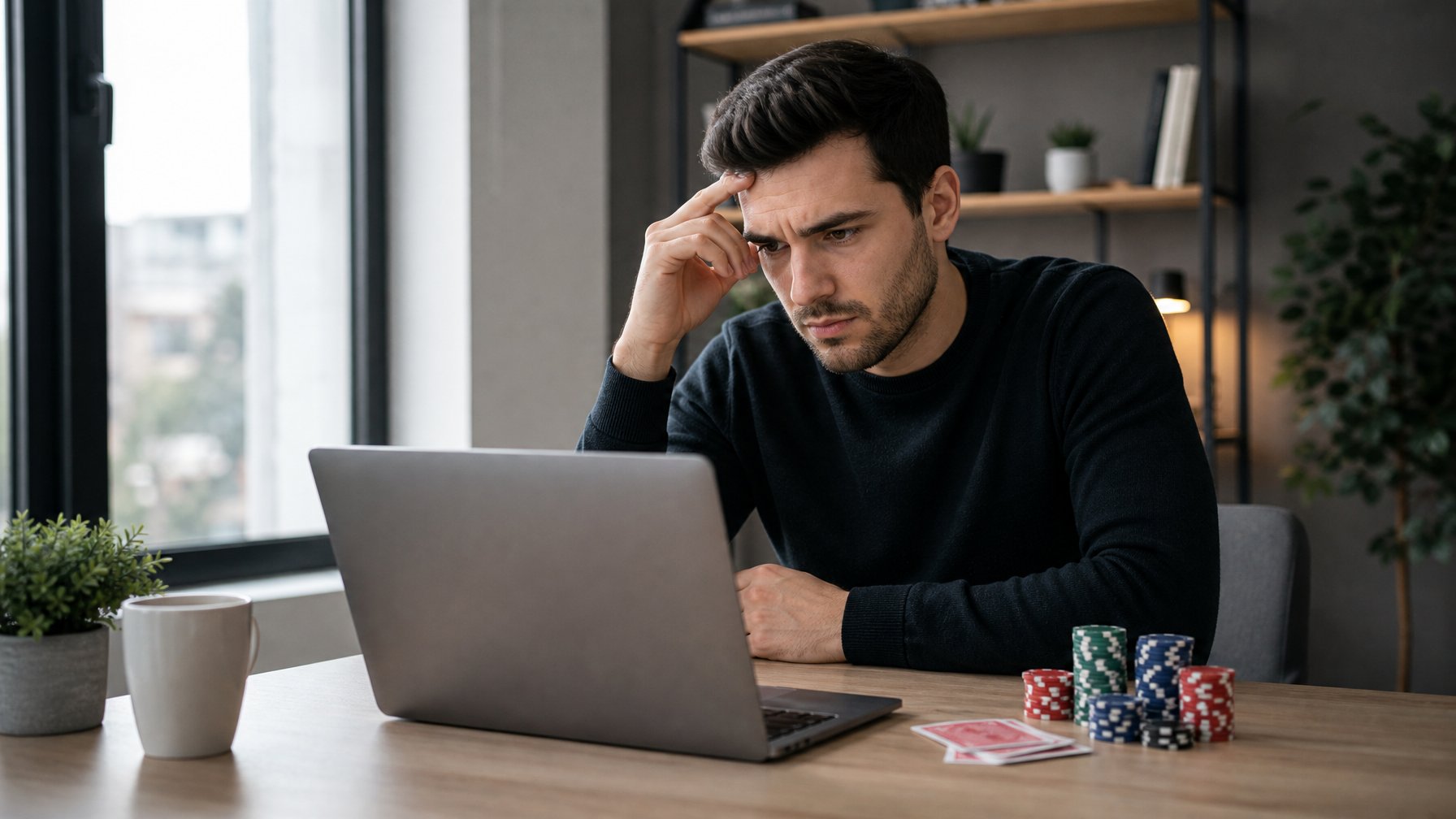 Seorang pria muda duduk di meja dengan laptop, bermain poker online dengan ekspresi fokus dan sedikit khawatir.