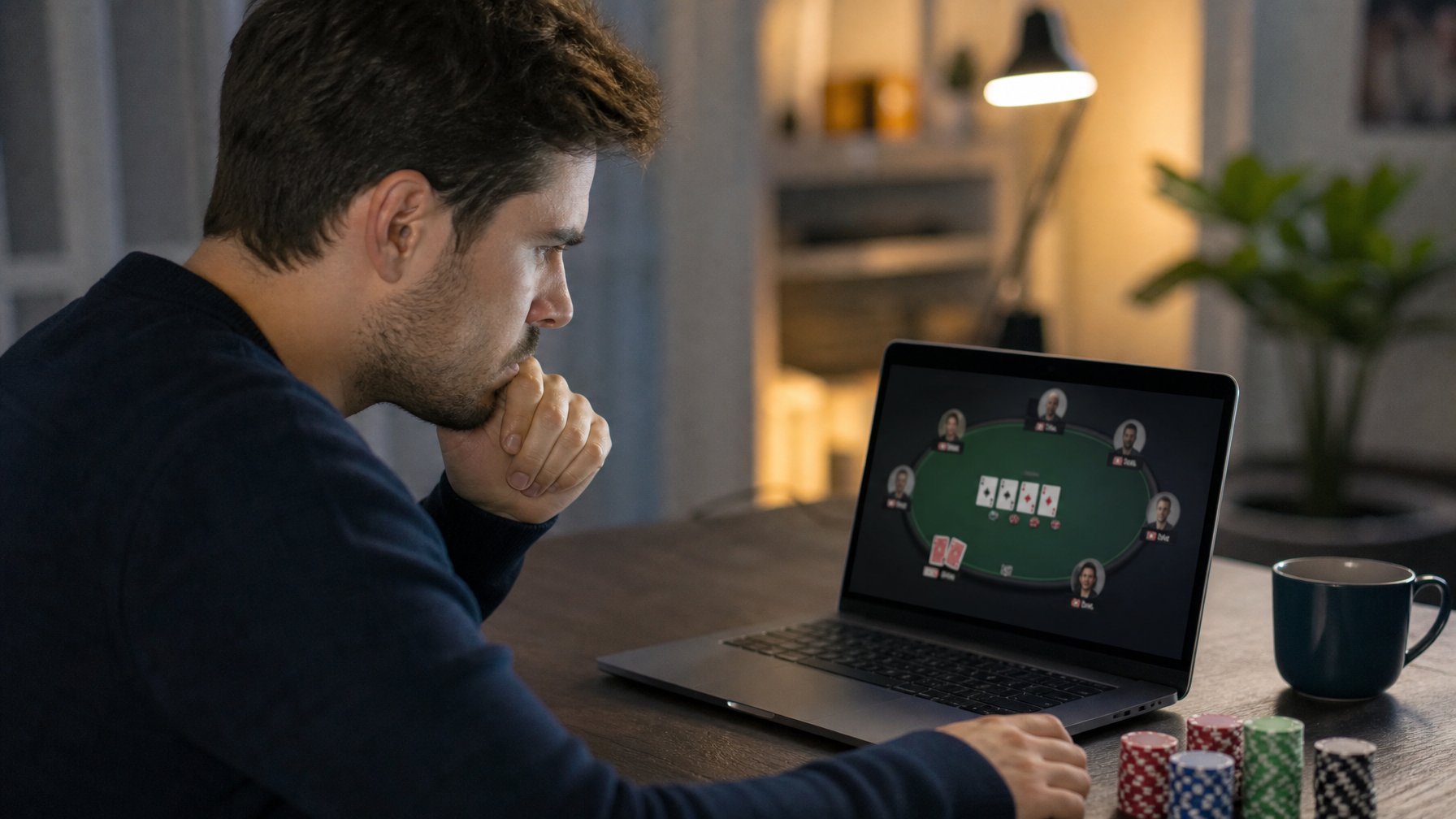 Seorang pemain poker sedang fokus melihat layar laptop saat bermain poker online di ruang kerja rumah.