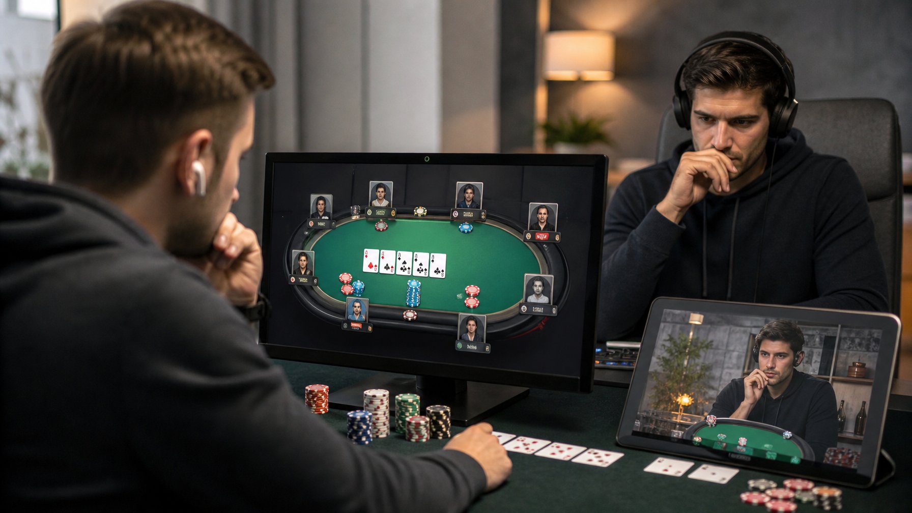 Dua pemain poker sedang bermain online dengan satu pemain mengamati ekspresi wajah dan gerak-gerik lawannya.
