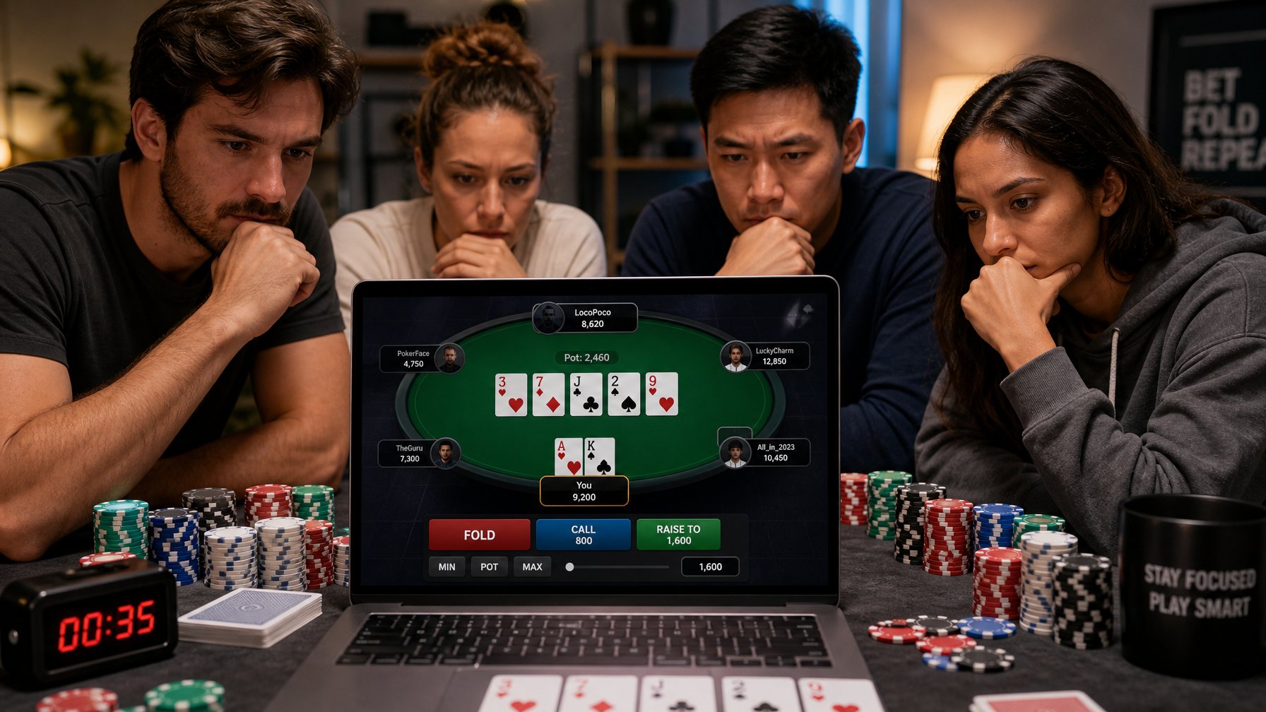 Beberapa pemain poker online sedang fokus bermain di depan laptop dengan chip dan kartu di meja.