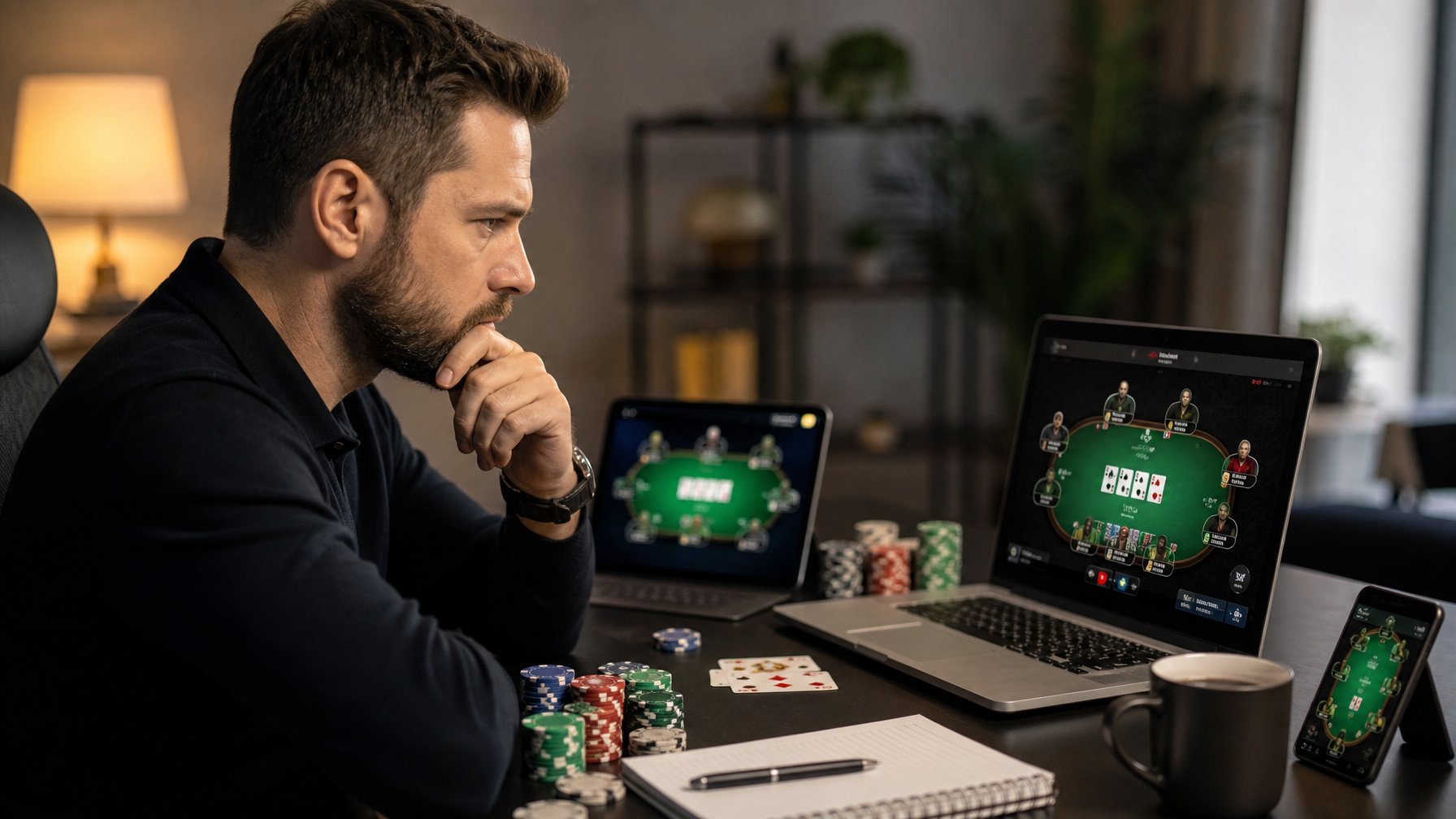 Seorang pemain poker sedang fokus mengambil keputusan di depan layar komputer dengan kartu dan chip poker di meja.