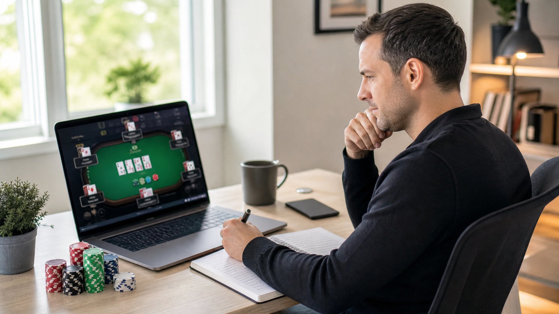 Seseorang duduk di meja kerja dengan laptop yang menampilkan permainan poker online, dikelilingi chip poker dan buku catatan, tampak fokus mengelola strategi permainan.