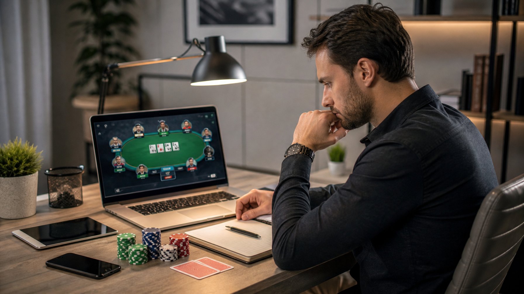 Seorang pria dewasa duduk di meja dengan laptop terbuka menampilkan permainan poker, dikelilingi oleh chip poker, kartu bermain, dan buku catatan di ruangan kantor rumah yang rapi.