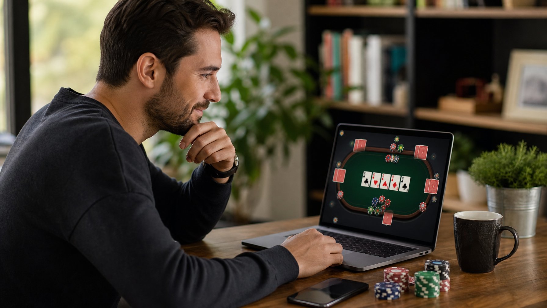 Seorang pria fokus bermain poker online menggunakan laptop di ruangan yang nyaman dengan tumpukan chip poker dan kartu di meja.