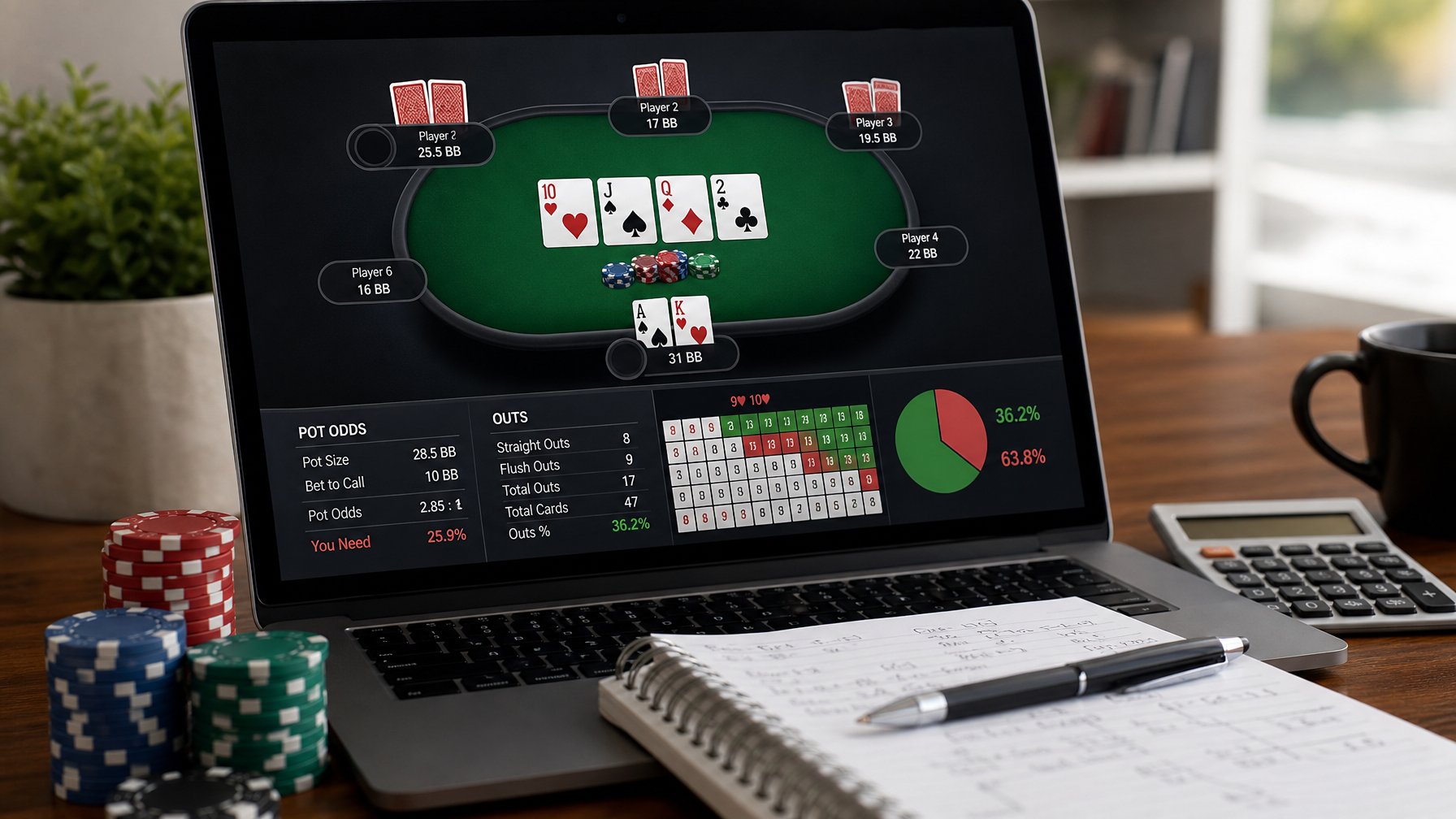 Seseorang sedang menggunakan laptop untuk bermain poker online dengan chip dan kartu di meja, dikelilingi alat tulis dan kalkulator.