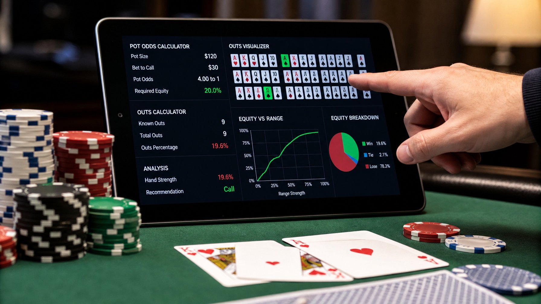Meja poker dengan kartu, chip, dan tablet yang menampilkan perhitungan pot odds dan outs, tangan menunjuk layar tablet.