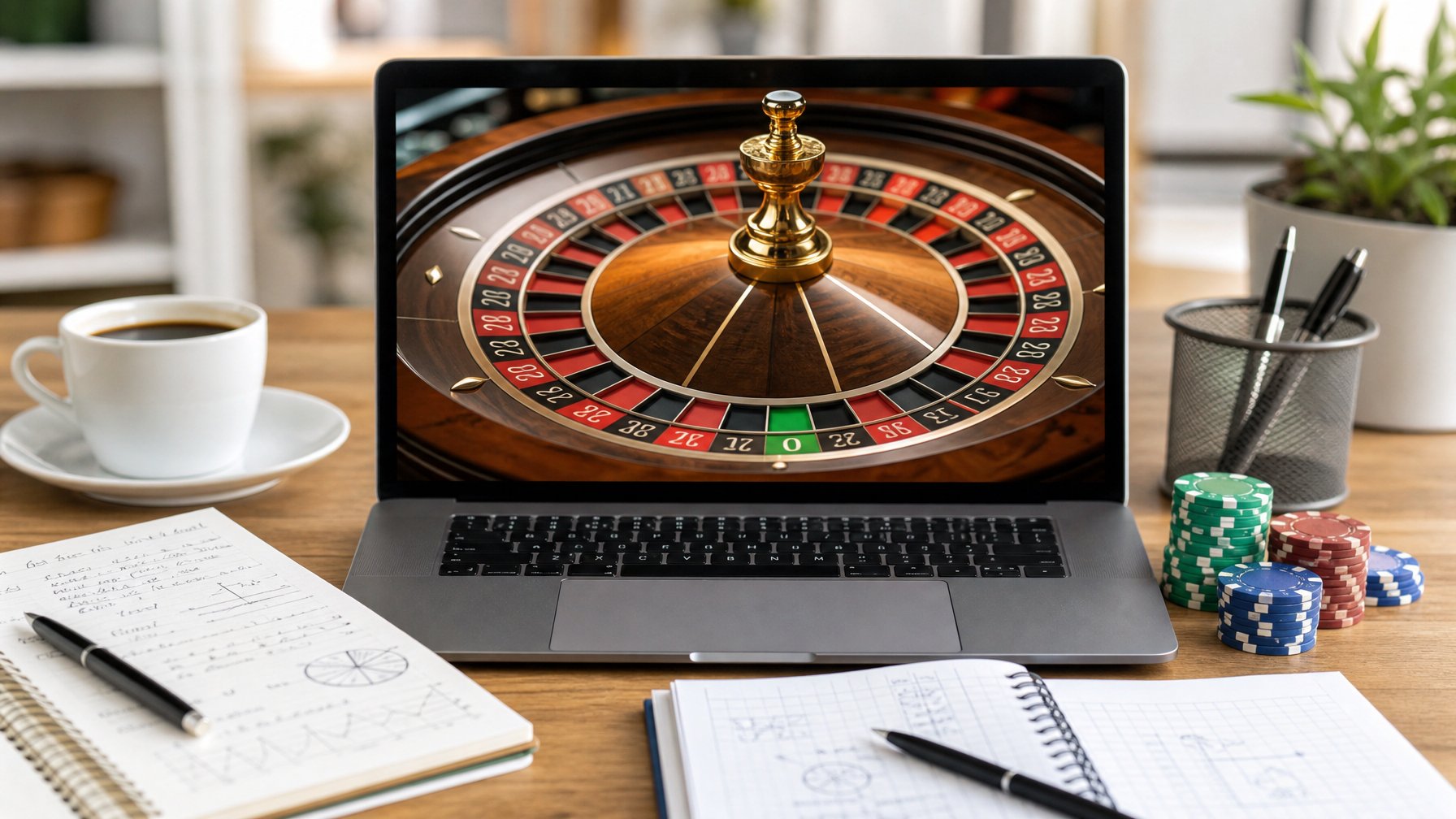 Seorang pemain sedang menggunakan komputer dengan tampilan roda roulette online dan alat tulis di meja untuk strategi permainan.