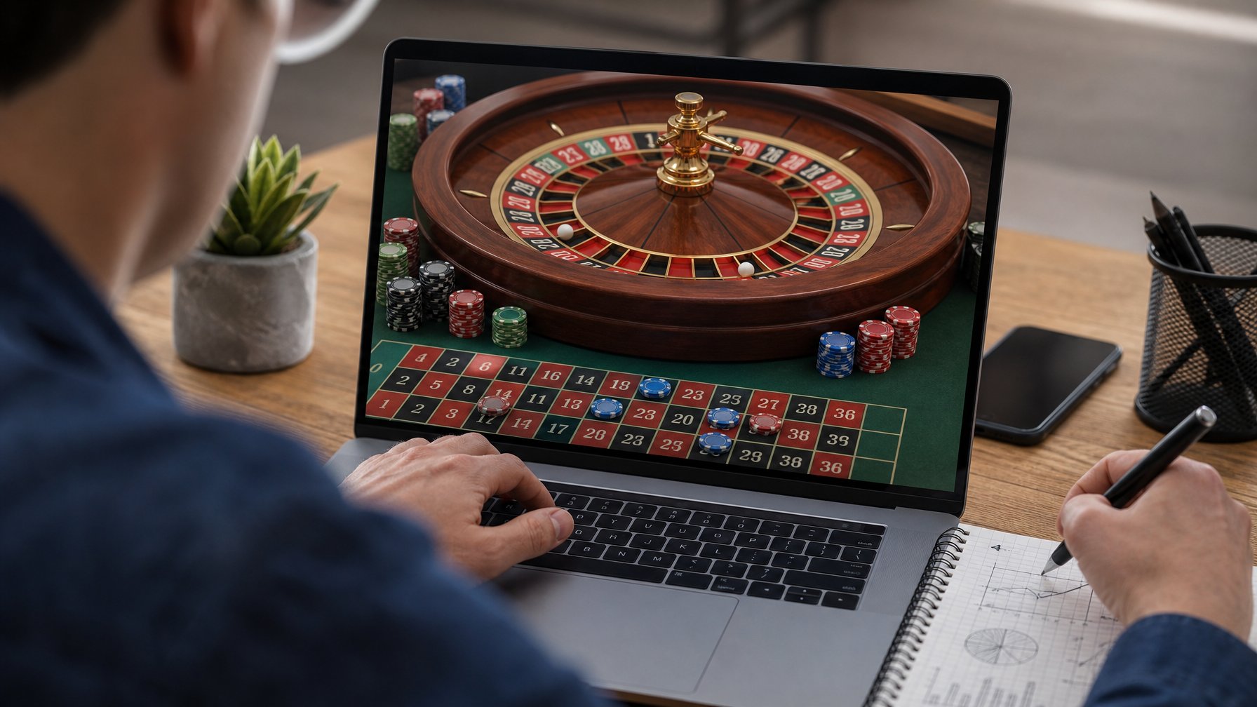 Tangan seseorang sedang bermain roulette online menggunakan laptop dengan roda roulette dan chip taruhan terlihat di layar.