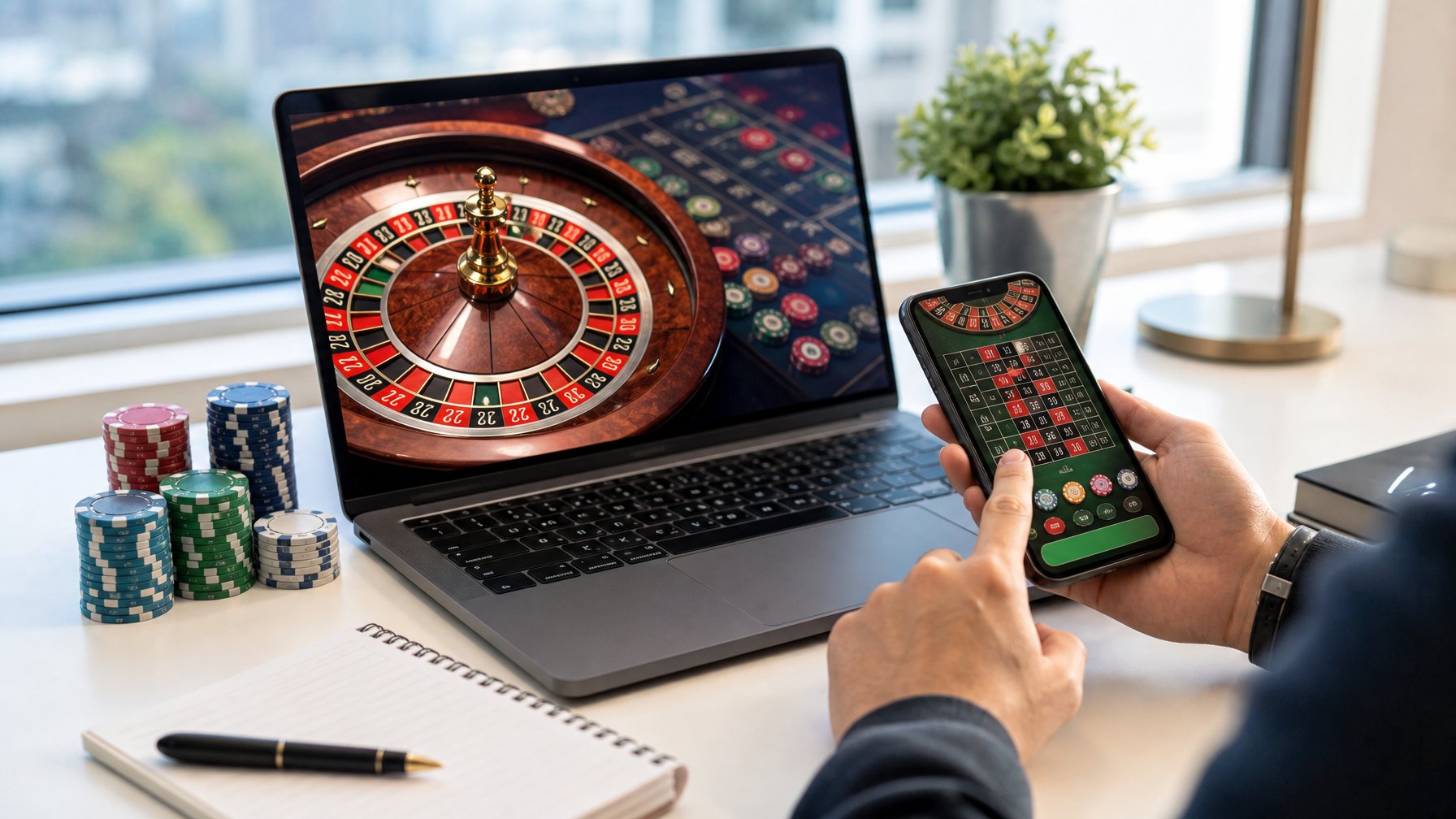 Seorang pria menggunakan laptop dan ponsel untuk memasang taruhan roulette online di meja kerja yang rapi.