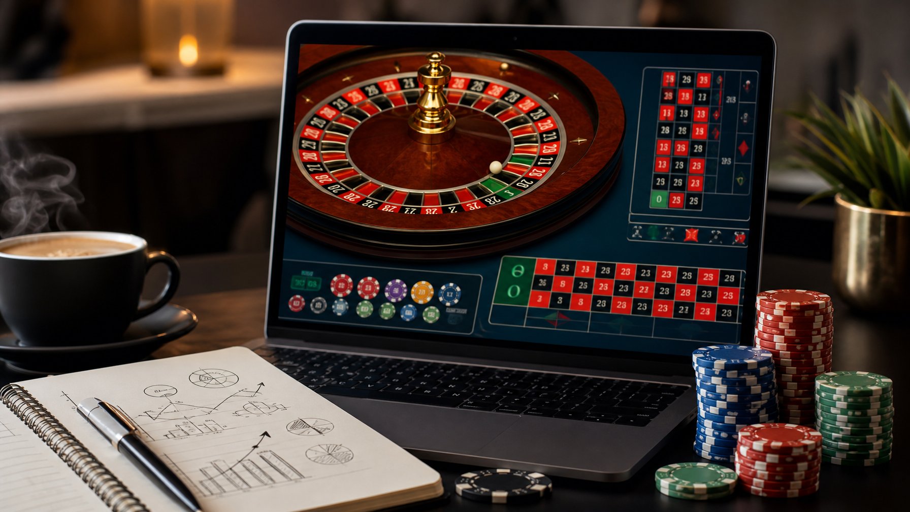 Seseorang menggunakan komputer dengan tampilan roda roulette dan chip taruhan di meja kerja yang rapi.