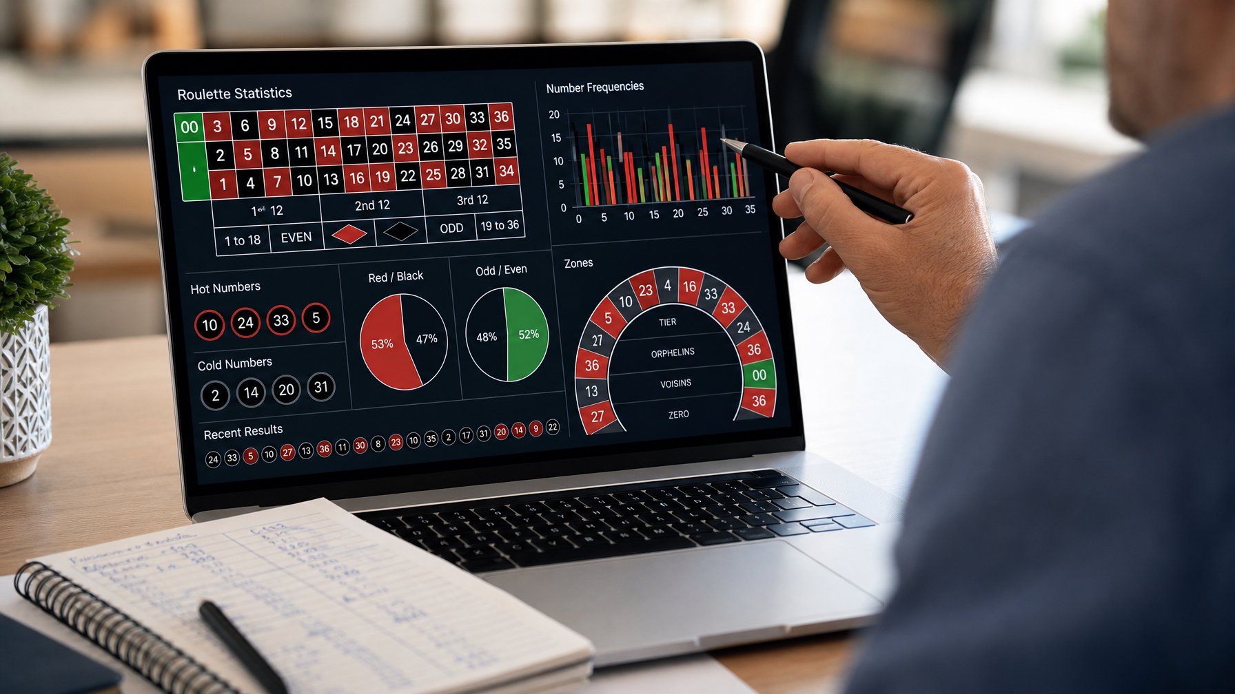 Seseorang sedang melihat pola angka roulette online di layar laptop dengan meja kerja yang rapi.