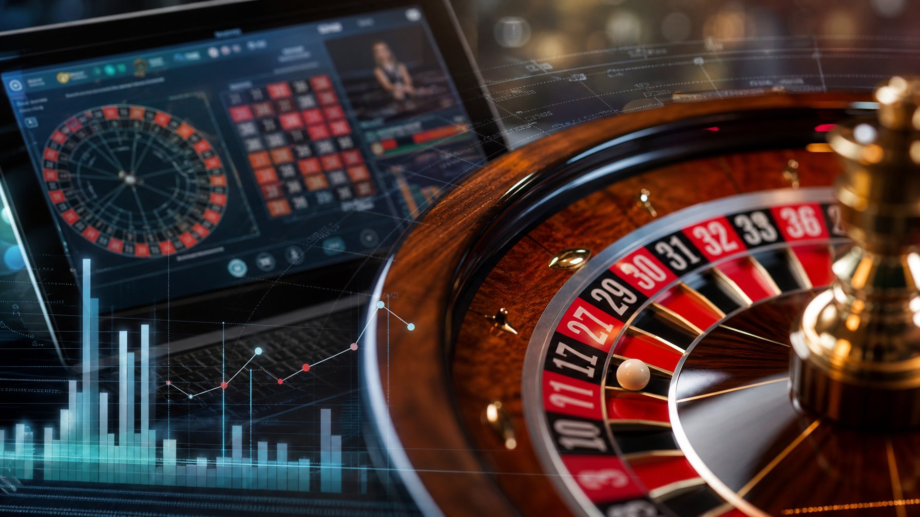 Pemandangan dekat roda roulette dengan bola yang sedang berputar dan layar komputer menampilkan pola angka di latar belakang.