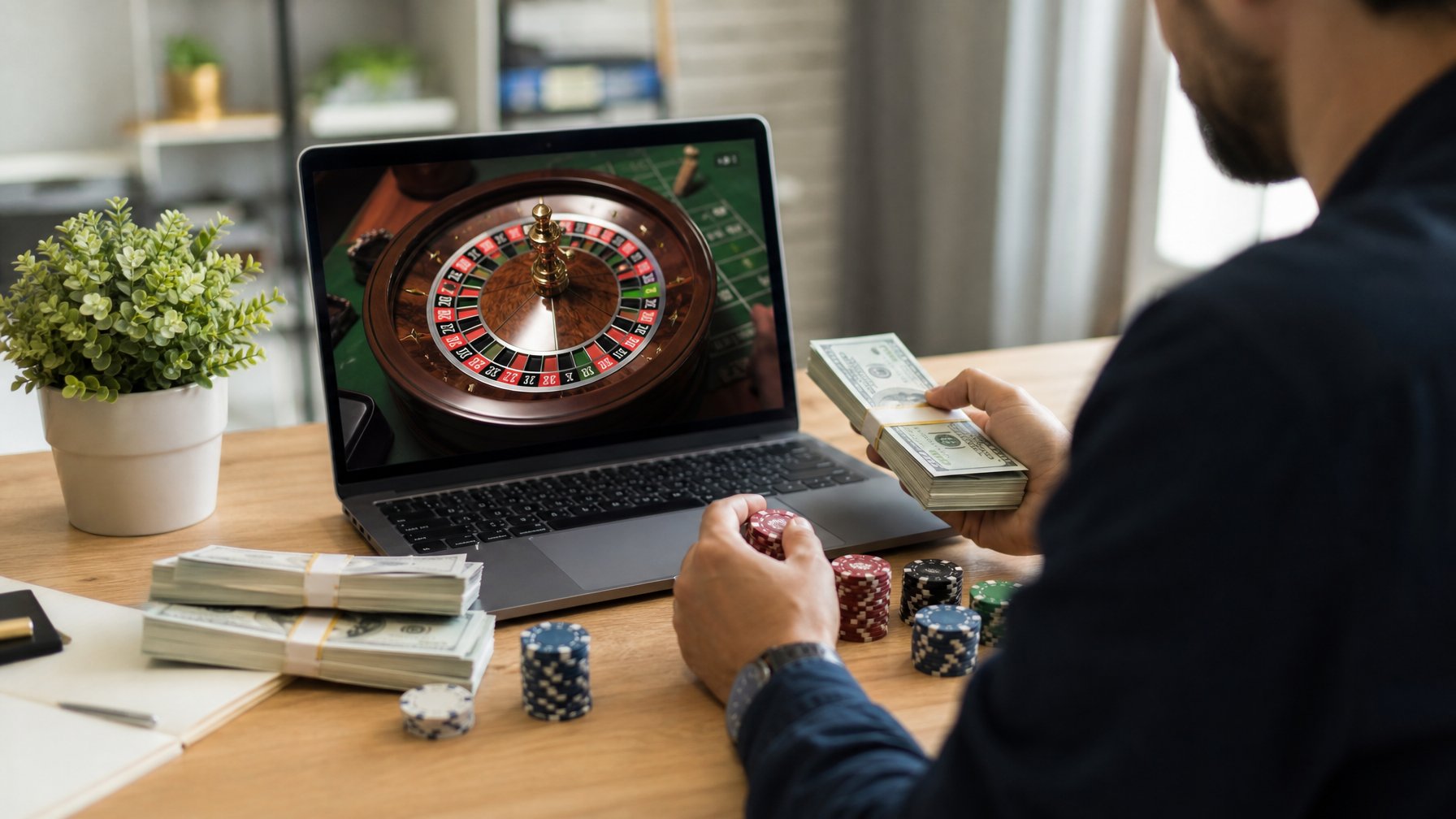 Seseorang sedang mengelola uang dan chip di depan laptop yang menampilkan permainan roulette online.