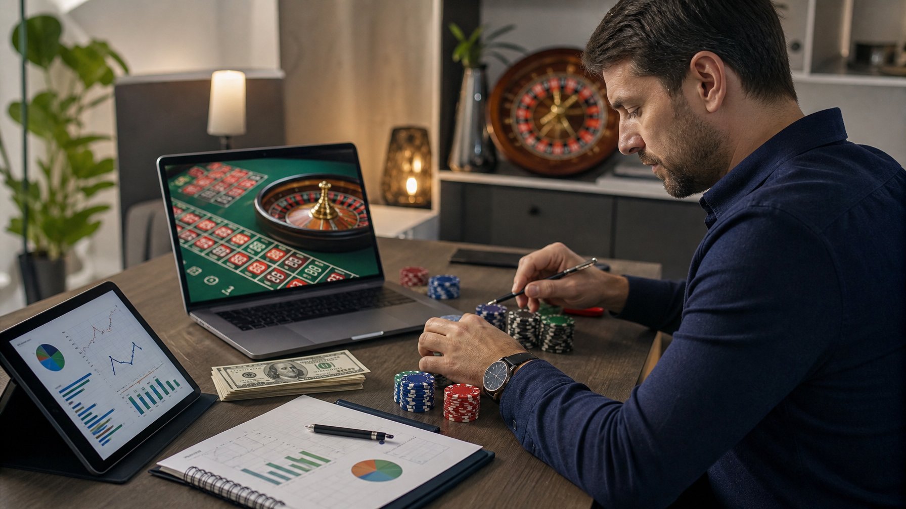 Seseorang sedang mengelola modal saat bermain roulette online di depan laptop dengan chip dan catatan di meja.