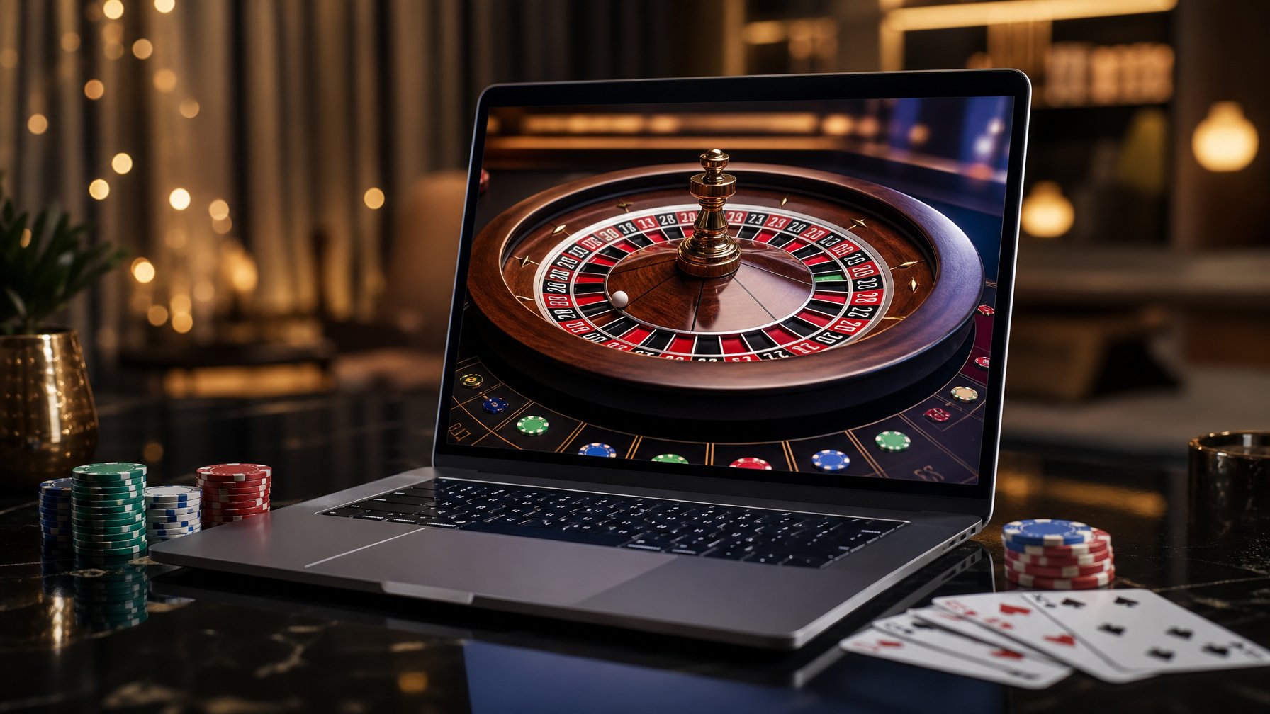 Sebuah meja dengan komputer yang menampilkan permainan roulette online dengan roda roulette dan chip digital di sekitarnya.