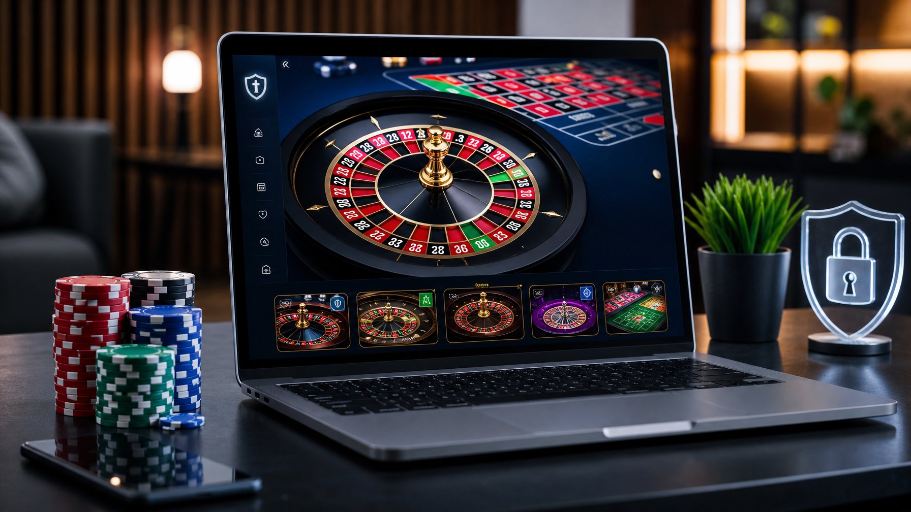 Sebuah meja kerja dengan komputer menampilkan permainan roulette online dengan roda roulette dan tumpukan chip di sampingnya.