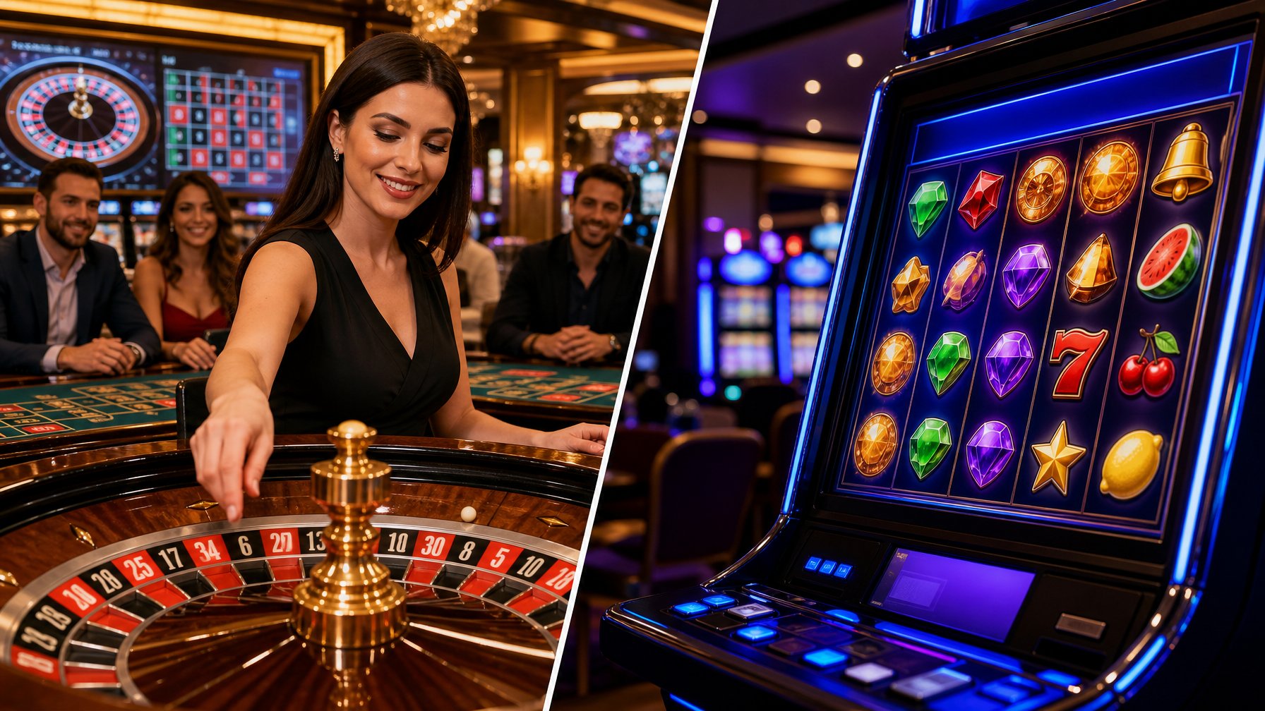 Seorang dealer kasino yang sedang memutar roda roulette di sisi kiri, dan layar mesin slot digital berwarna-warni di sisi kanan.