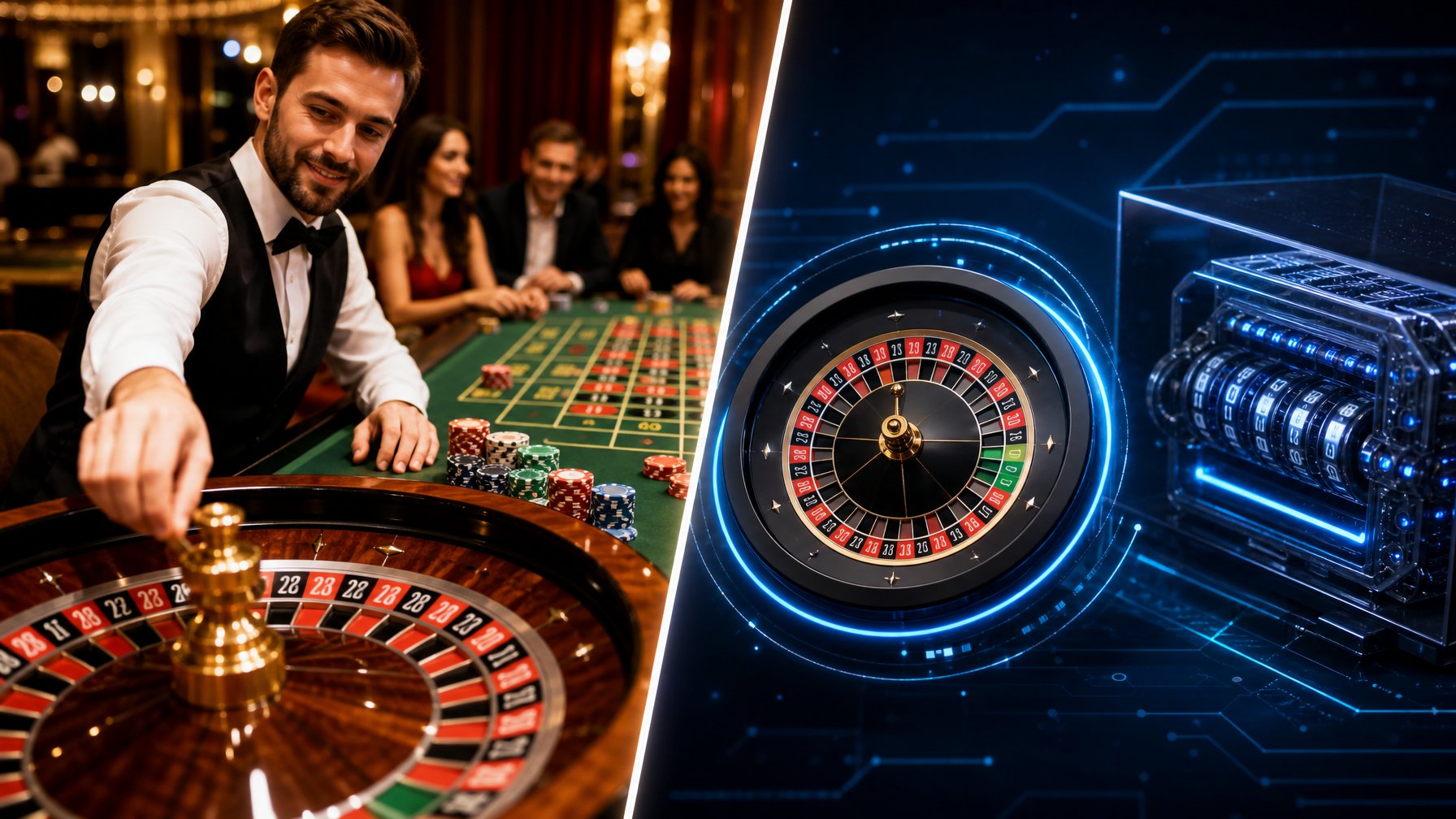 Seorang dealer kasino yang sedang memutar roda roulette di sebelah kiri dan tampilan digital roda roulette virtual dengan elemen mesin RNG di sebelah kanan.